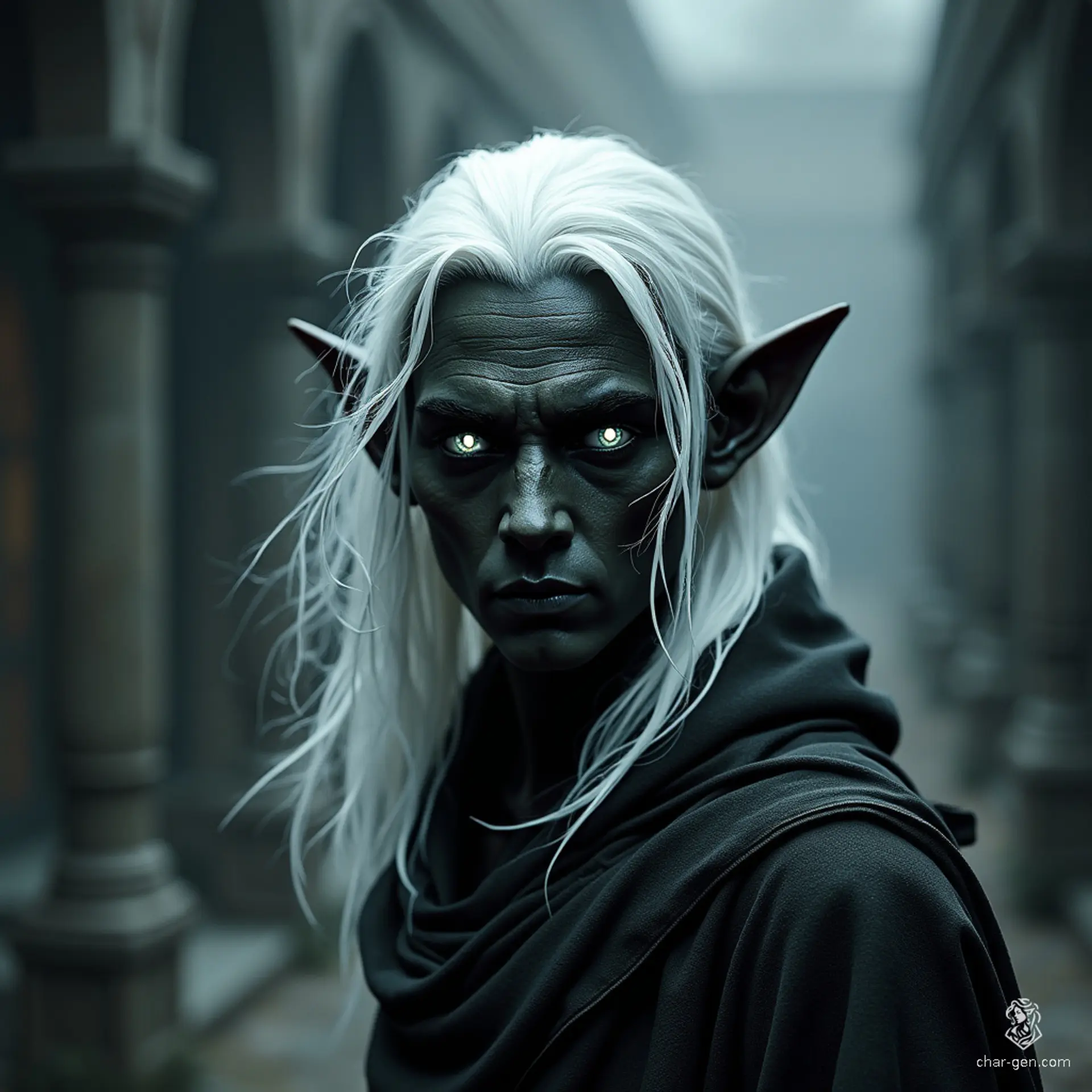 An ethereal one-year-old black-skinned male Elf, his contrasting pure white hair and glowing eyes give him an enigmatic presence. His unique appearance captivates all, embodying a mystical balance of shadow and light.