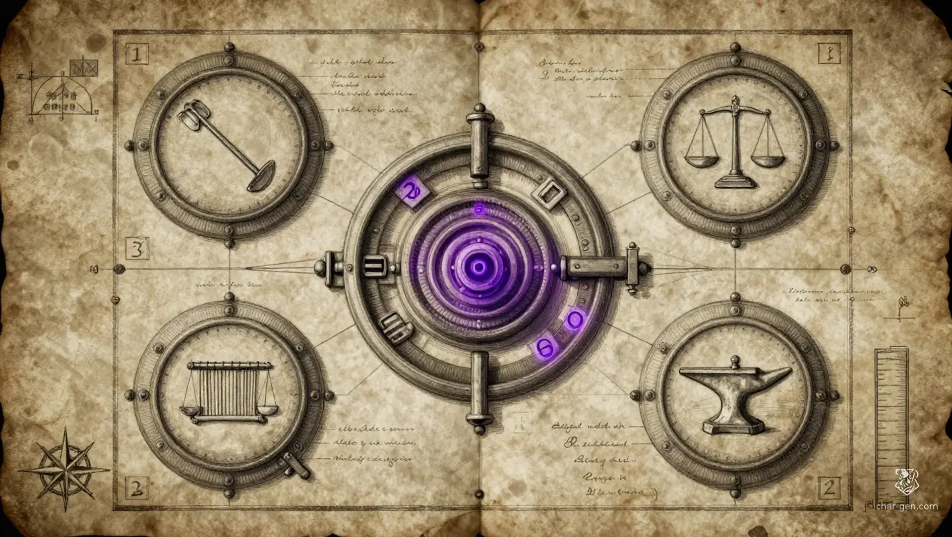 The Founder's Four Dials - AI-generated fantasy Puzzle