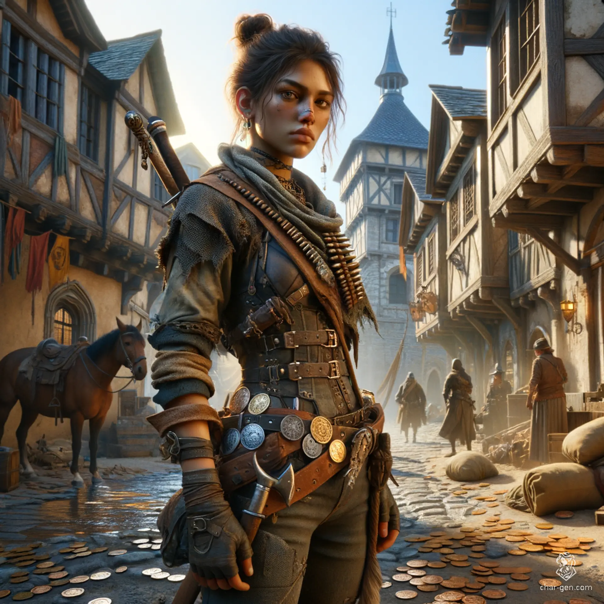 In a medieval village backdrop, an olive-skinned young female fighter stands confidently in tattered leather armor, her dark hair in a bun. A hardened outlaw and bandit, she carries a variety of weapons and a pouch of stolen coins, exuding beauty and danger.