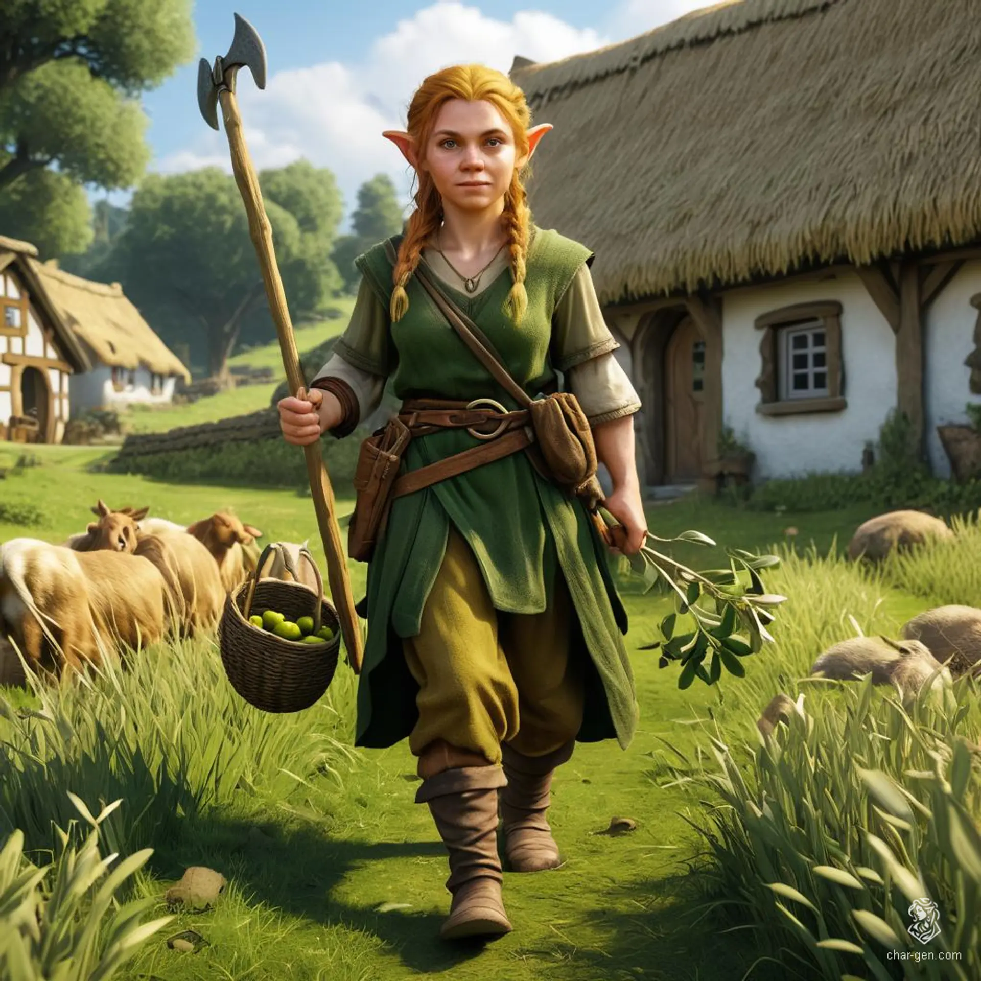 An olive-skinned, elderly female halfling druid, with striking blonde hair, spends her days farming. Clad in simple farming clothes, she wields hoes and scythes, tending her fields and animals with earthy wisdom and natural magic.