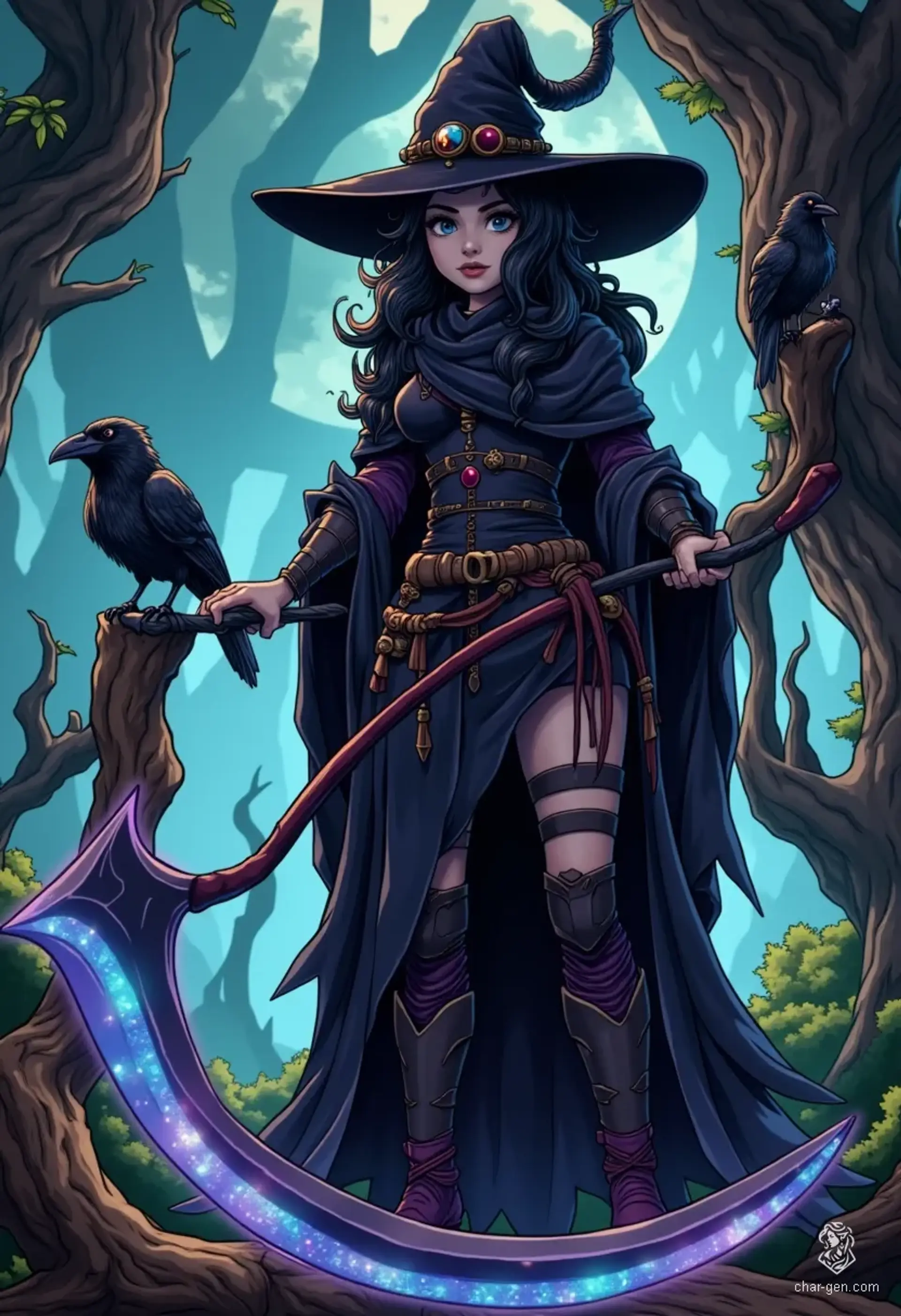 Branwen Umbra, a 230-year-old cleric with a serene demeanor, embodies wisdom and strength. Her alabaster skin shimmers, contrasting with her writhing onyx hair and swirling silver-and-black eyes. Clad in intricately detailed black robes, wielding a scythe, she guides souls with grace, accompanied by two enigmatic ravens.