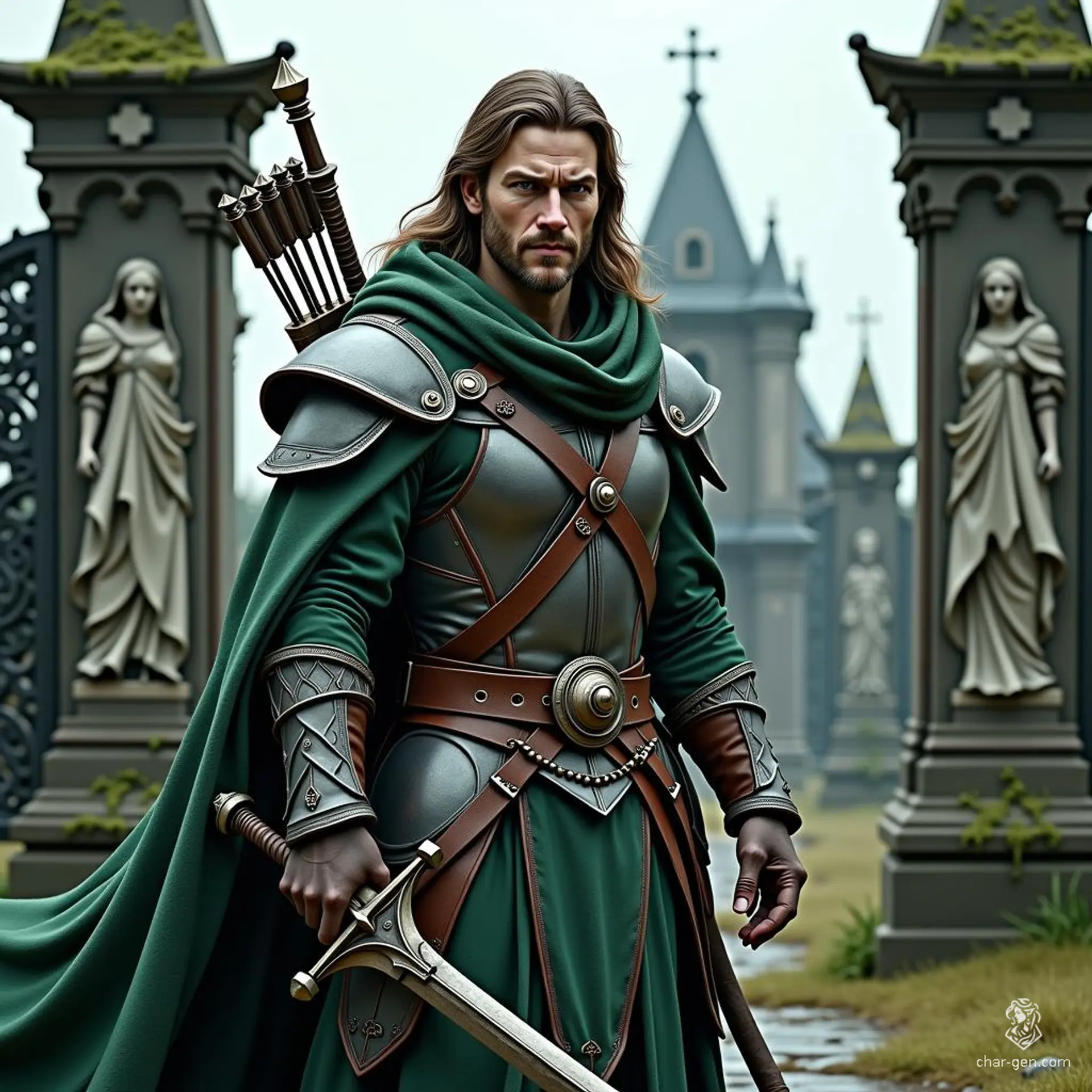 A tall, well-built ranger with long brown hair and high cheekbones, this medium-skinned male exudes quiet confidence. Clad in shades of grey, green, and brown, he wields a bow and spear for hunting in forests and mountains. A long sword and deep green cloak complete his rugged attire.