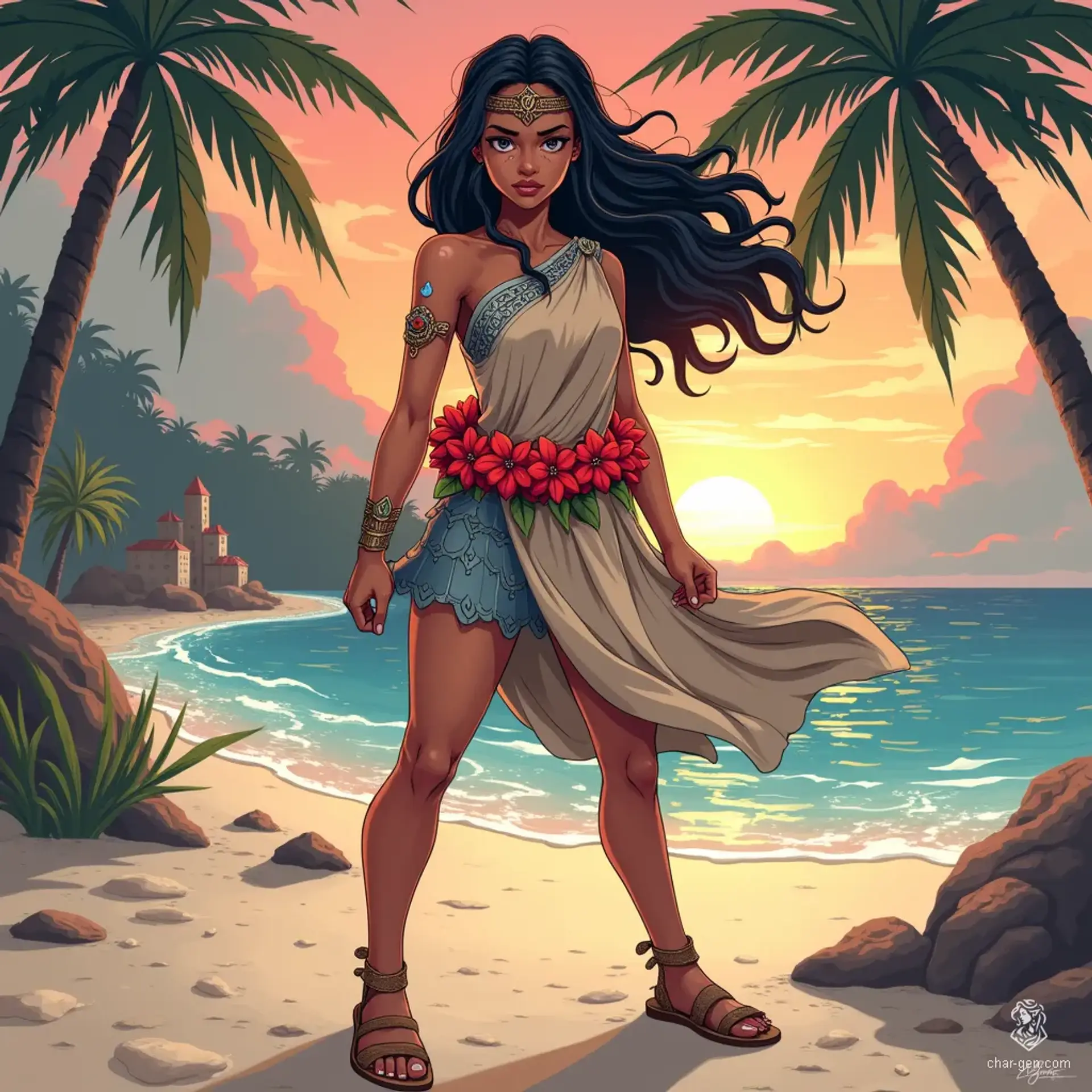 Niko is an 18-year-old Polynesian cleric with light blue markings on her light brown skin. She embodies serenity, donning a beige one-shoulder tunic and intricately patterned shorts. With bright blue eyes and a concerned expression, she stands ready, magic bubbles swirling around her arms. 