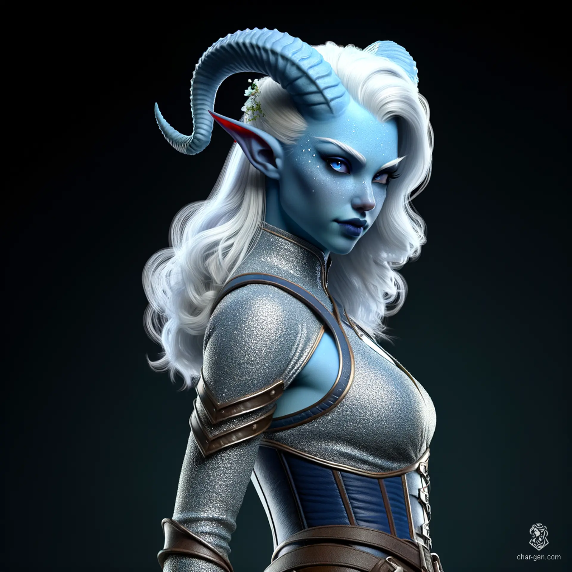A striking Tiefling warrior, she exudes confidence with her curvy form and unique style. Her short, white hair is shaved on one side, accentuating her light blue skin and prominent horns. Captured in a dynamic pose, she embodies the essence of medieval fantasy with stunning detail and realism.
