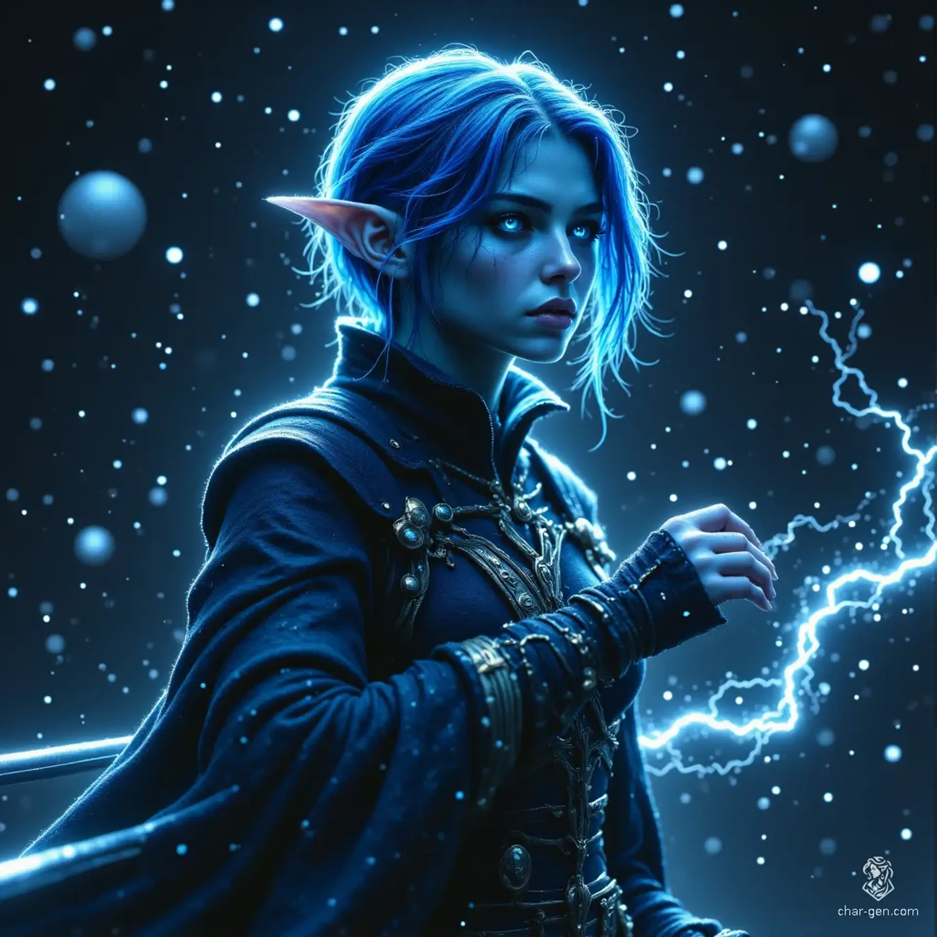 A regal female elf with pale blue skin and long ears stands confidently on a merchant’s sky ship. Her short, electrified blue hair frames serious, ethereal blue eyes, and golden eyeshadow accentuates her serious demeanor. Clad in fitted attire trimmed with wool, she gazes into the night sky, lost in contemplation.