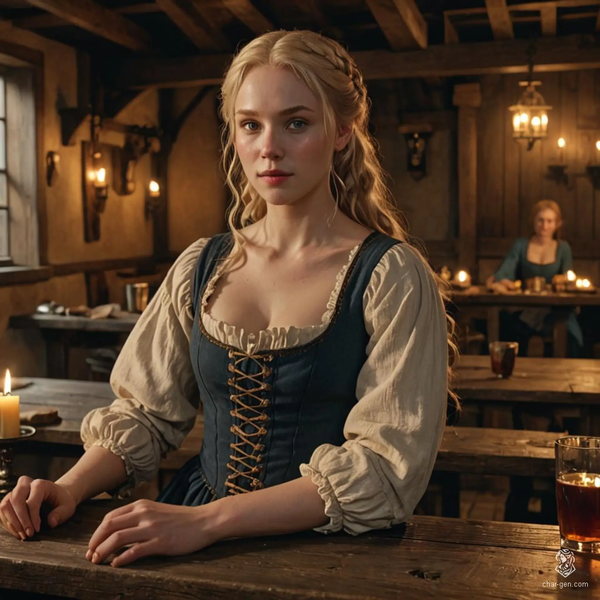 A young, pale-skinned human woman with striking blonde hair, working as a wench in a tavern. She appears poor but remains spirited, her sharp features and contrasting complexion setting her apart in the bustling, smoky establishment.