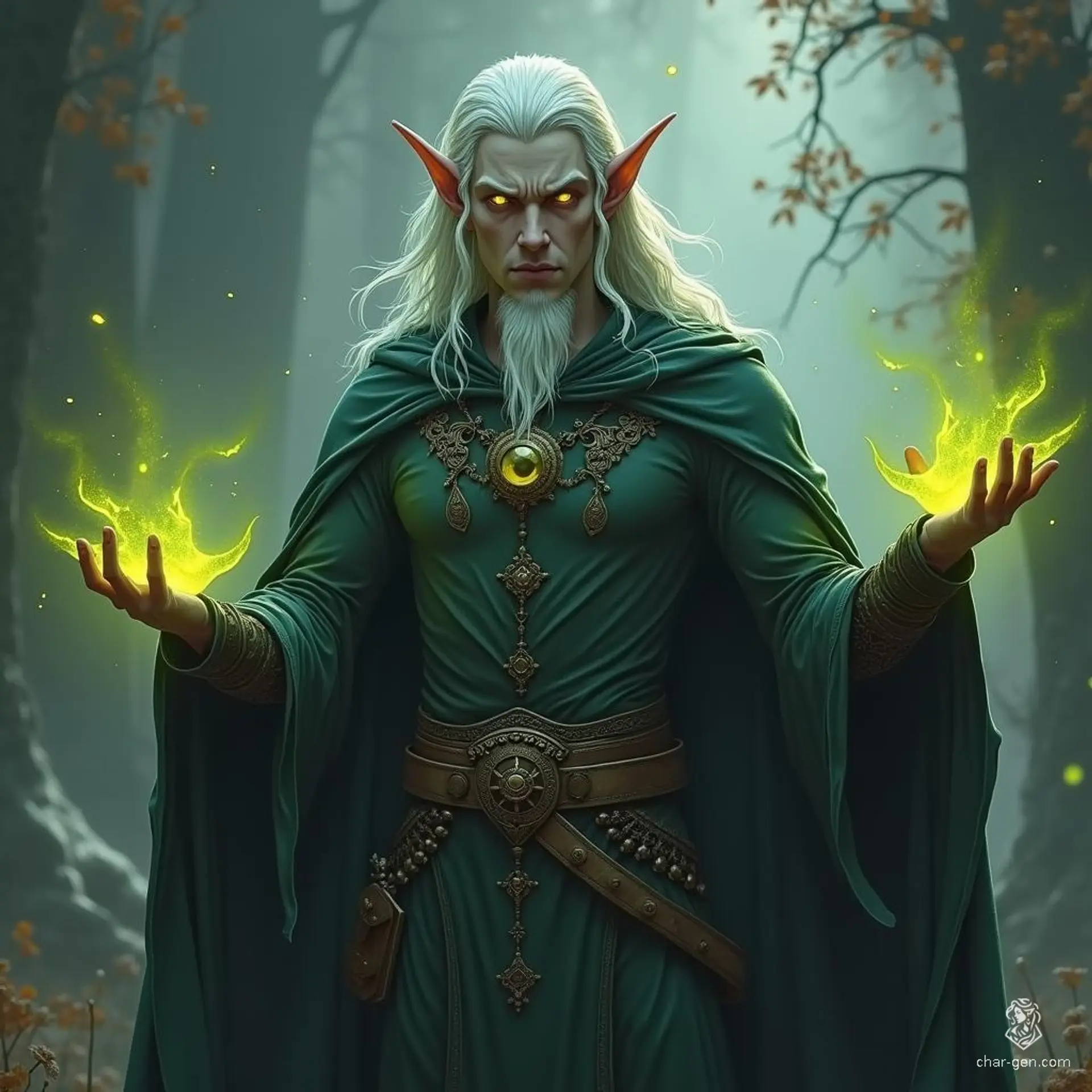 A male Drow sorcerer with piercing yellow eyes stands in the shadows, exuding an aura of dark magic. Channeling his arcane powers, he casts a deadly stream of acid that sizzles in the air, embodying both elegance and menace beneath the moon's pale light.