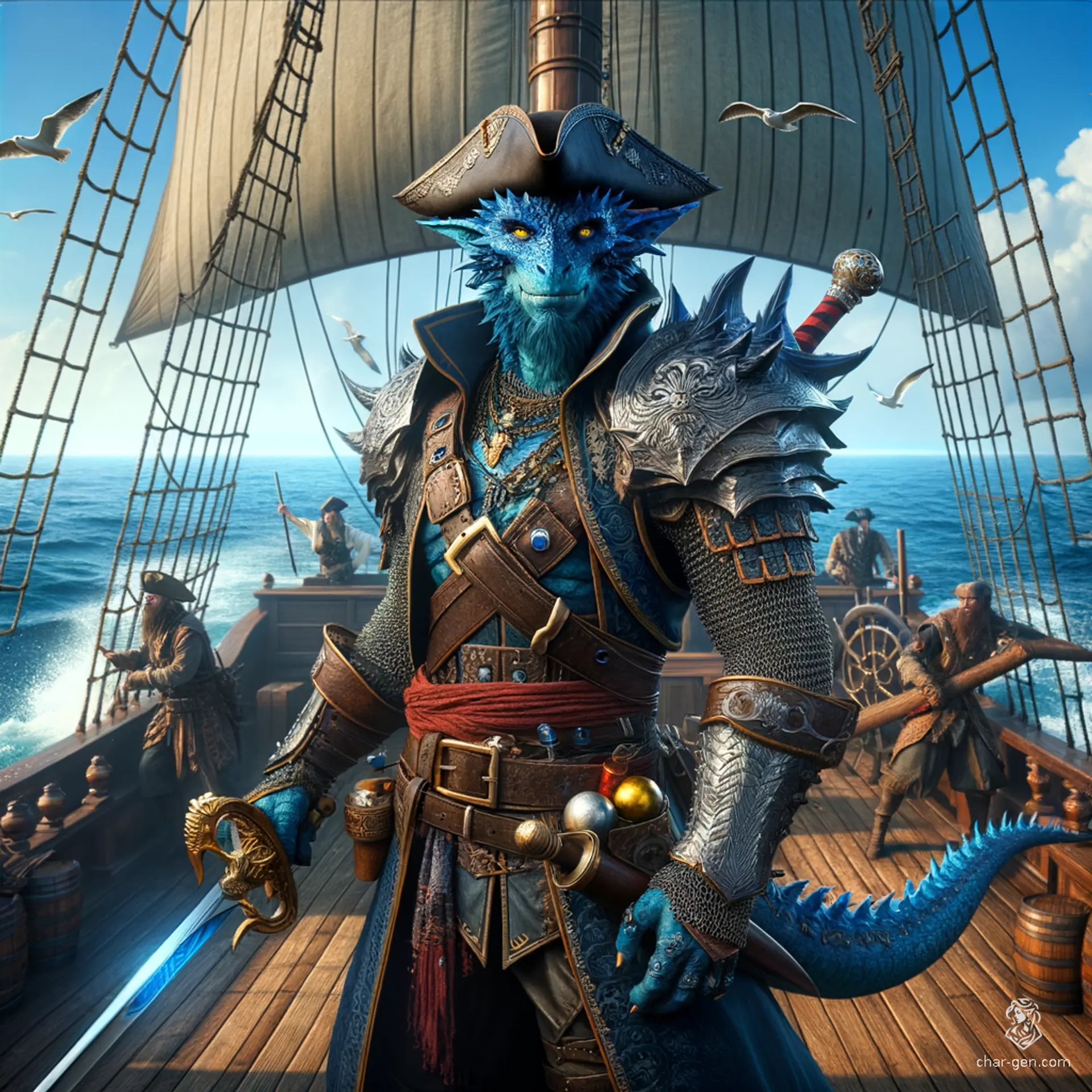Ru, a 20-year-old Draconblood Dragonborn pirate with cobalt blue skin and yellow eyes, wields a longsword with battlemaster precision. As a former slave turned captain of The Rolling Thunder, his intelligence and eldritch-infused strength make him a fearsome sea predator.