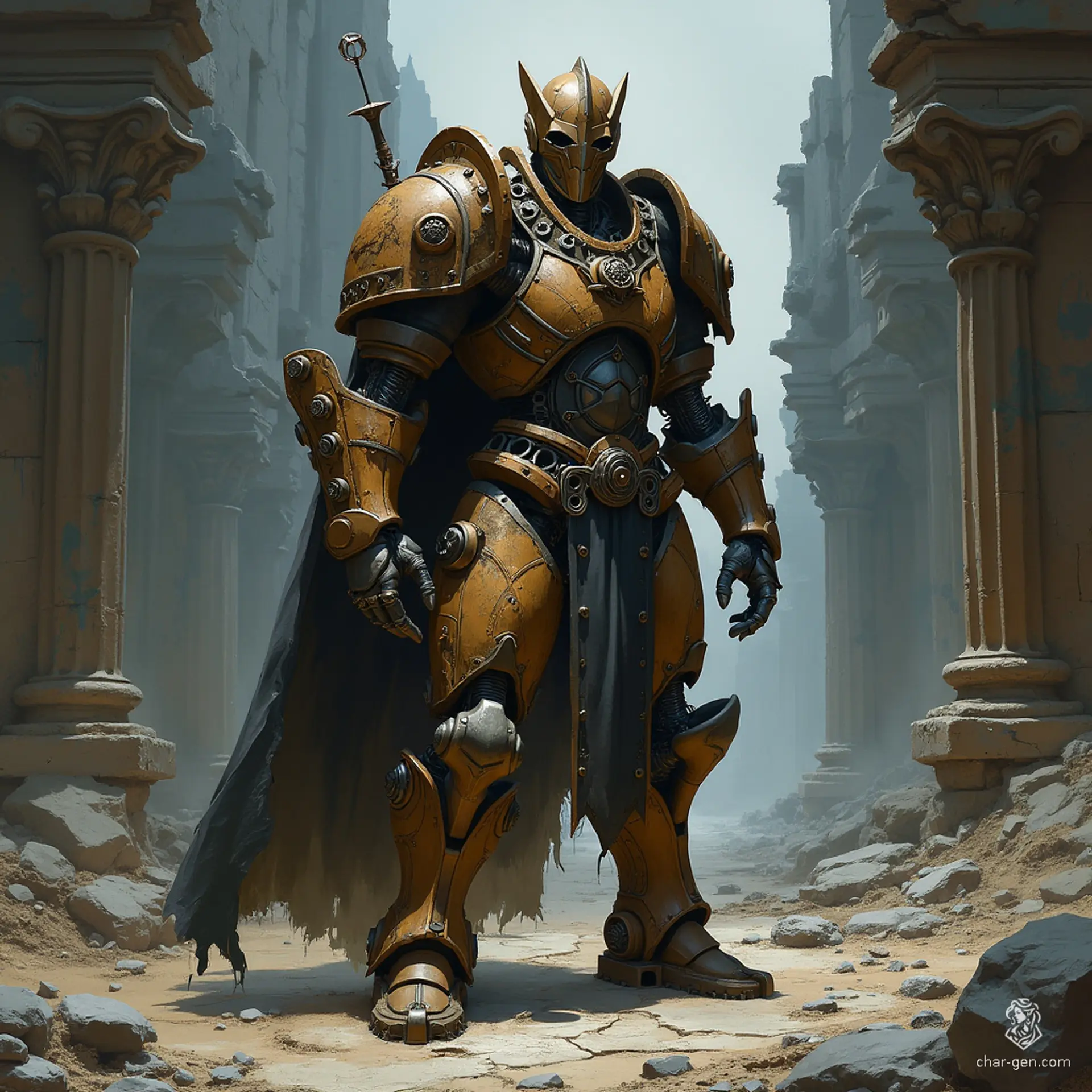 A Warforged Paladin, this medieval fantasy robot combines wood, metal, and enchantments into a dignified figure. With gears and pulleys humming, it stands protectively, embodying honor and valor.