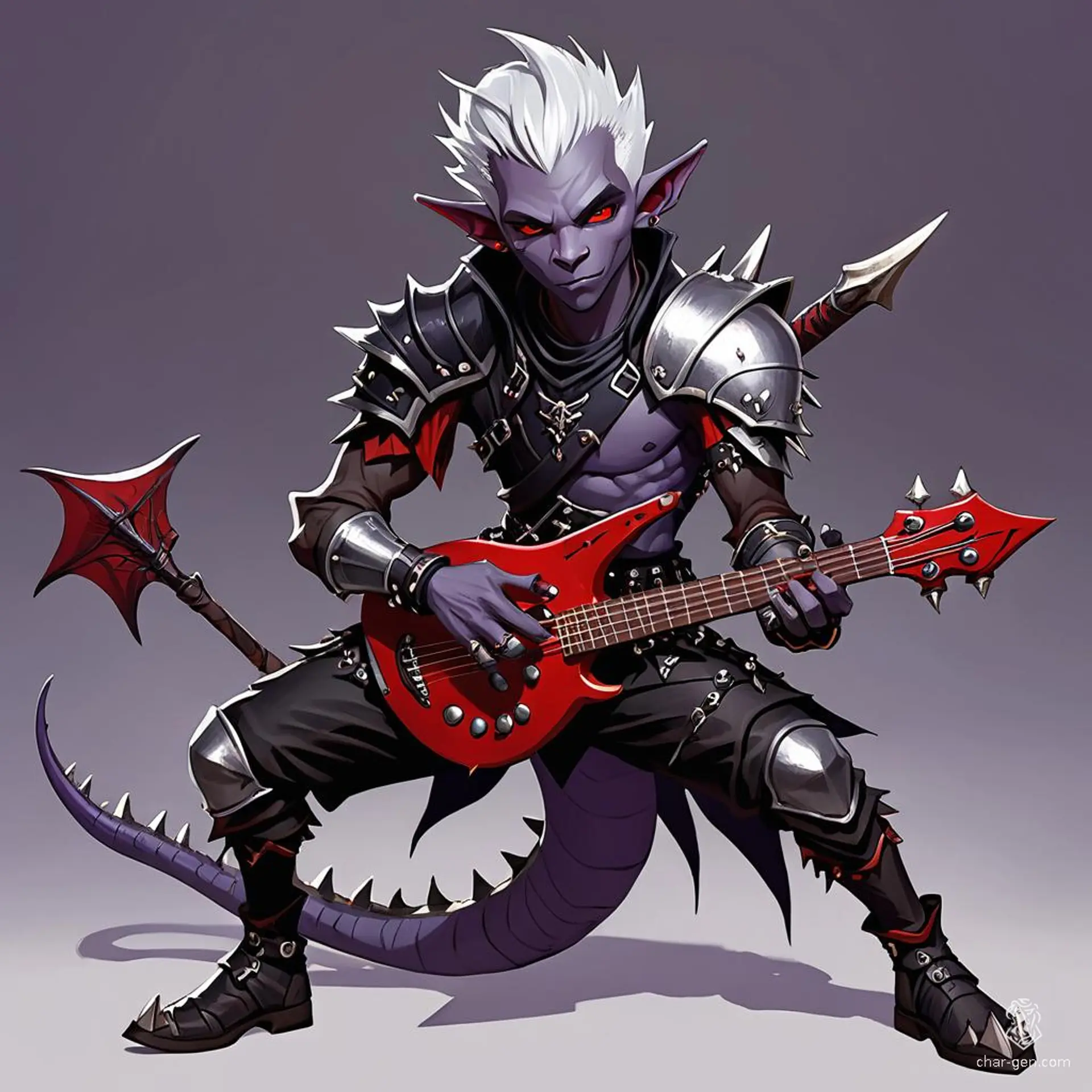 A male Drow Bard with dark purple skin, African-featured lips and nose, and red eyes stands confidently. His spikey silver hair is shaved at the sides, and he dons punk rock armor. He wields a punk rock lute, ready to duel a dragon.