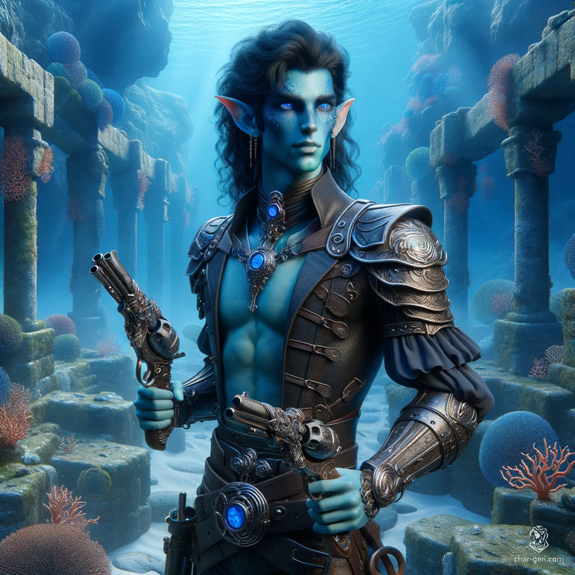 Meet Elarin, a brilliant male sea elf artificer. Adorned with intricate goggles and mechanical devices, his light skin contrasts with his jet-black hair. Equipped with two revolvers and half-plate armor, Elarin deftly navigates the depths of the ocean, his webbed fingers and gills aiding in his aquatic craft.