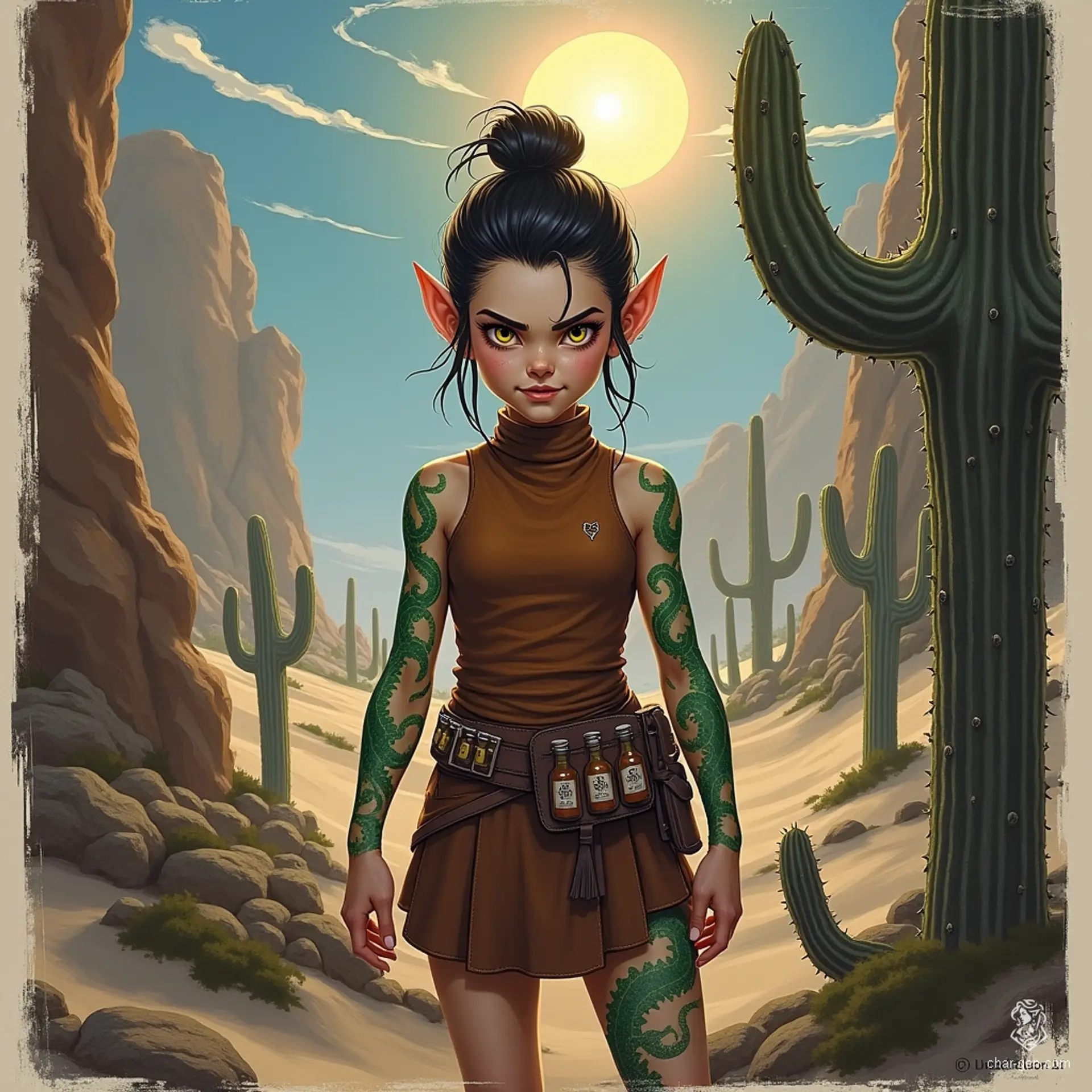 Izzy, a newly emancipated halfling assassin, is a perky yet lethal crossbow specialist. With snake-like yellow-green eyes and green scale tattoos, she embodies danger. Dressed in a tight brown tunic, she lurks in shadows, exuding competence and malice as she waits for her next target. 
