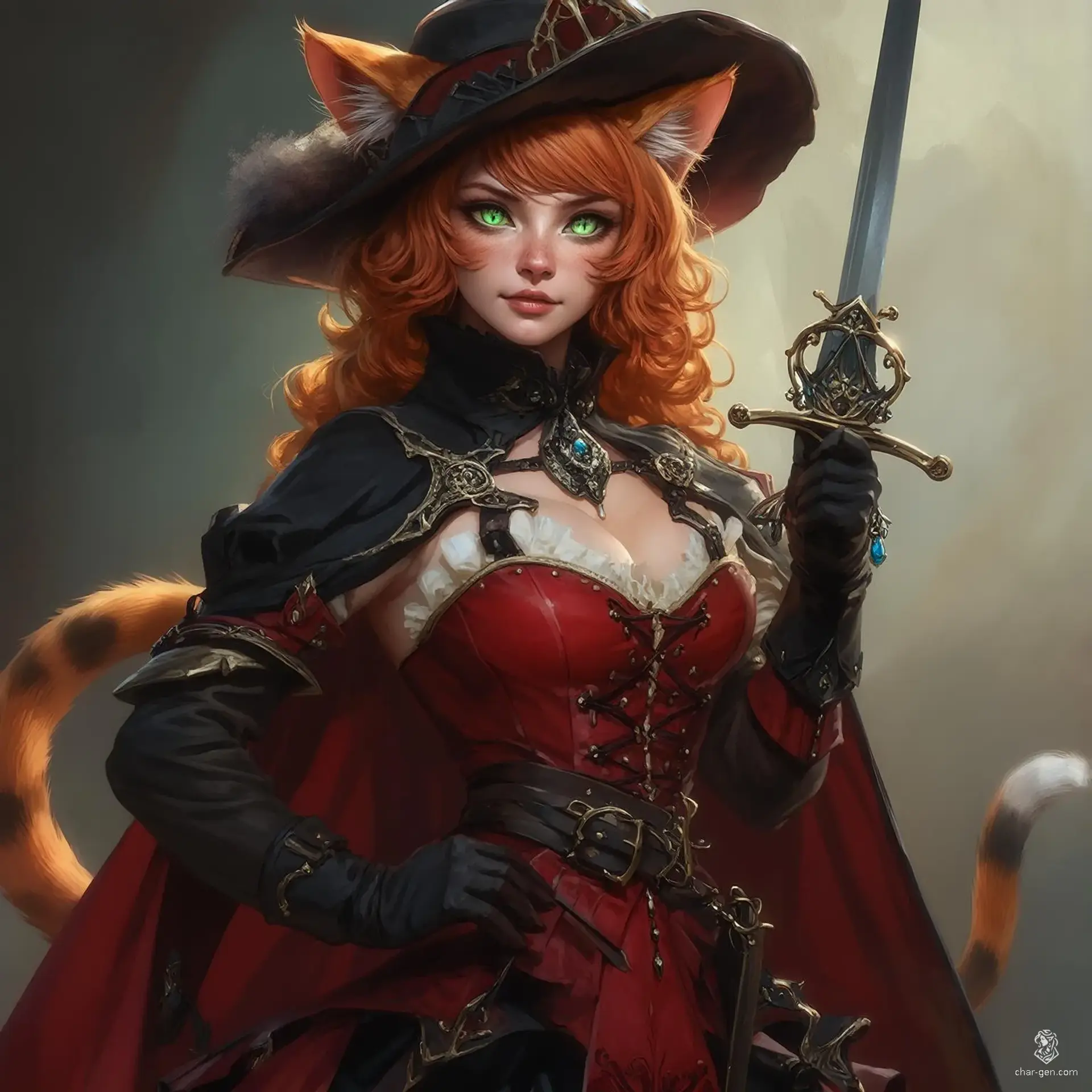 A fierce female duelist bard blending French Renaissance flair with fantasy charm—wielding a rapier, clad in a cavalier hat and shoulder cape. Her cat-like green eyes, ginger hair, and feline features enhance her mystique, set against a richly detailed, vibrant, and dramatic anime-inspired backdrop.