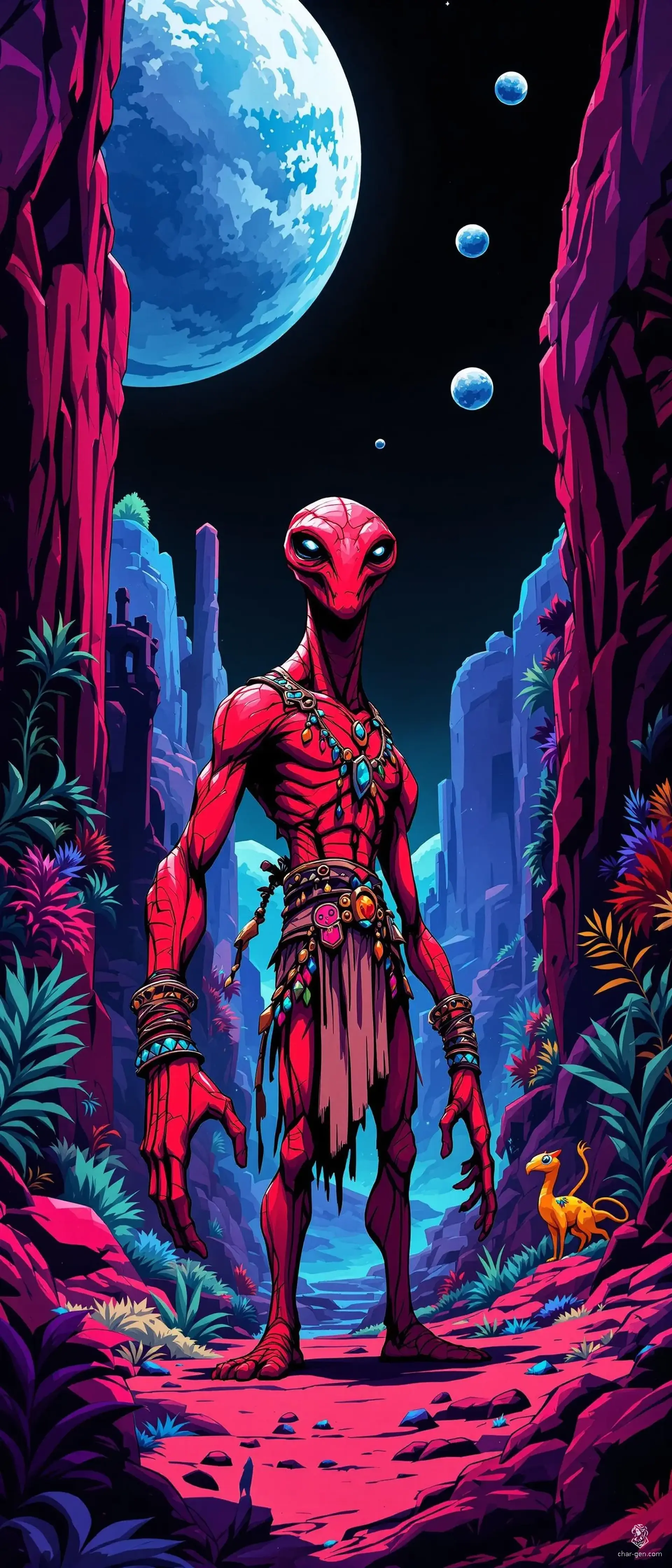 Meet Zykara, a formidable alien warrior of her tribe. With a striking long head and four piercing eyes, she possesses enhanced vision. Her vibrant red skin, adorned in tribal attire, sets her apart, while four powerful arms enable her to wield multiple weapons with grace and strength.