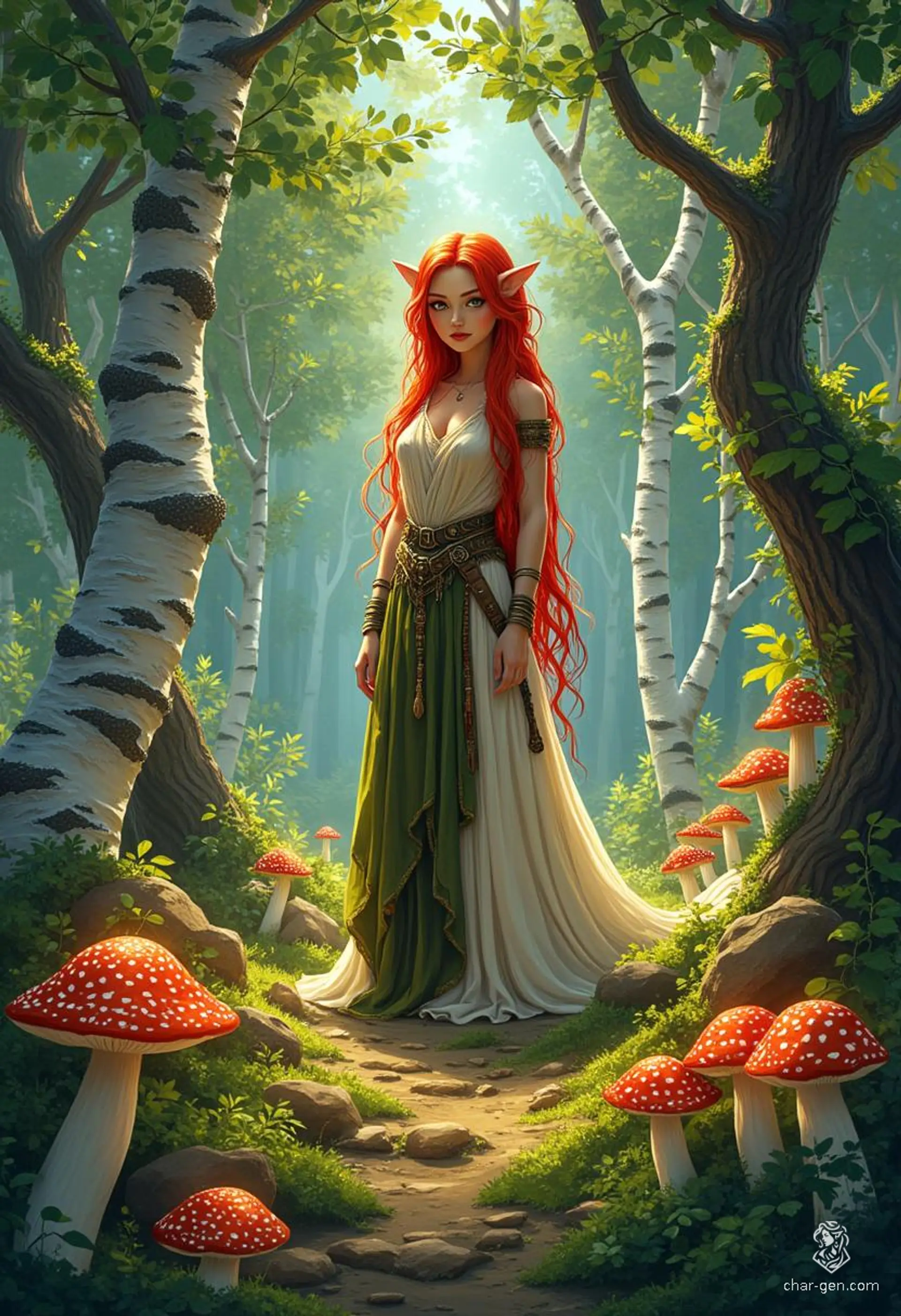 Keyleth, a petite 17-year-old Half-Elven druid of the Air tribe, possesses a profound wisdom hidden beneath her socially awkward exterior. With striking cherry-red hair and earthy animal companions, she embarks on her Aramente journey to prove herself amidst self-doubt and high expectations.