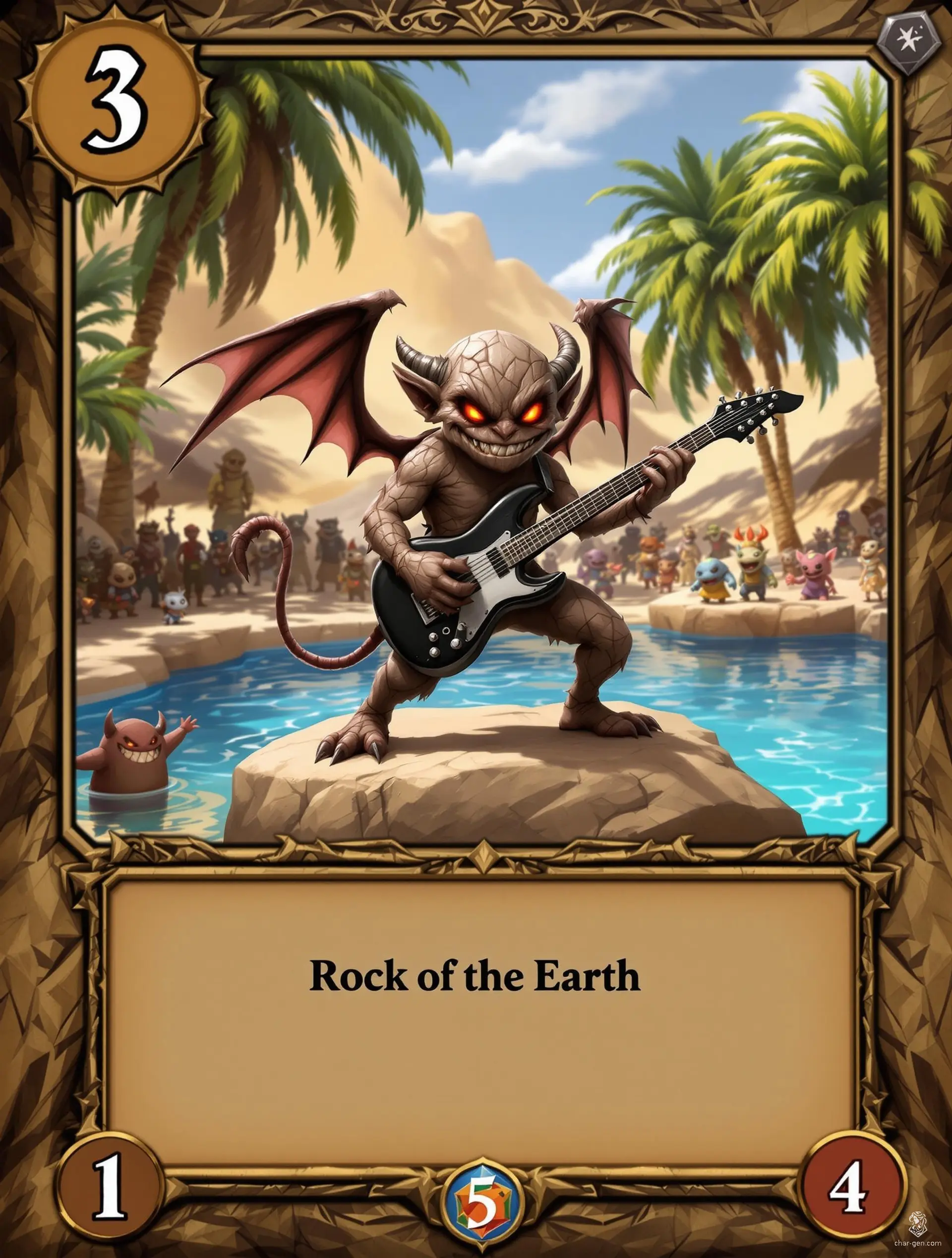 **Rock Mephit Card**  
*Title: Rock Mephit*  
*Description:* A mischievous Earth Mephit with stone skin and bat-like wings, he strums an electric guitar atop a boulder stage, captivating a crowd of impish followers. Delighting in disruption, he embodies mischief and rock 'n' roll rebellion.

*Attributes:*  
- *Type:* Earth Mephit (1.5)  
- *Size:* Small  
- *Abilities:* Sharp claws, whip-like tail, mischievous spells.  

*Text Box: Rock of the Earth*  
*(Brown earth-themed border with colorful details depicting the lively scene)*