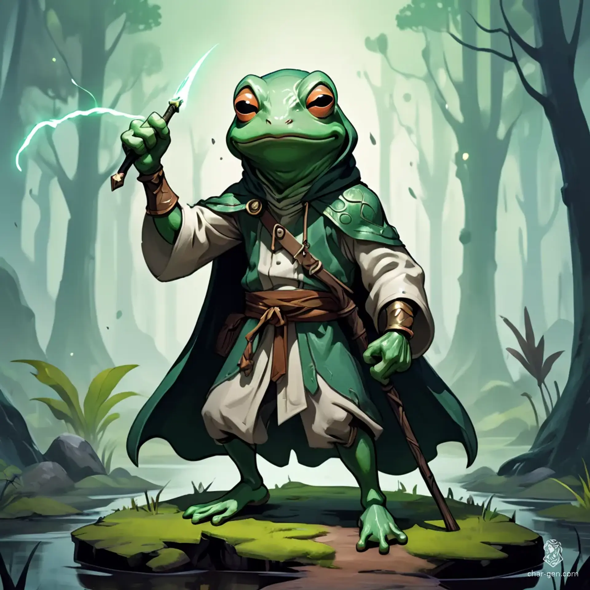 The character is a young adult monk, a strikingly handsome, bald frog-like humanoid with vibrant green skin. Dressed in flowing white and tan robes, he stands poised for battle, staff on shoulder and fists clenched, exuding a serene yet formidable presence.