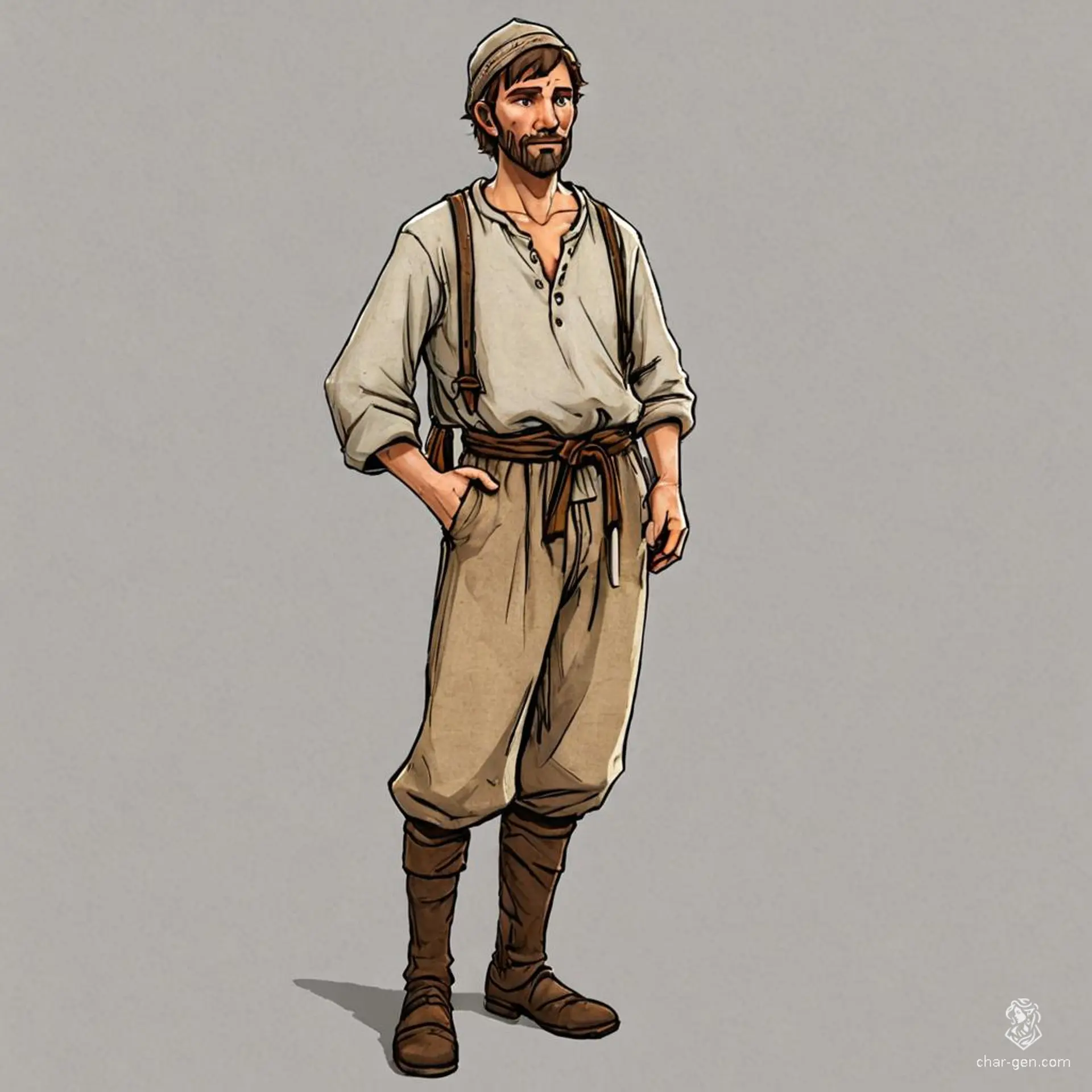 A humble human peasant, dressed in simple, light clothing, stands in a basic A pose. Though plain in appearance, this character's unassuming exterior may conceal a deeper story or hidden potential within the realm of fantasy.