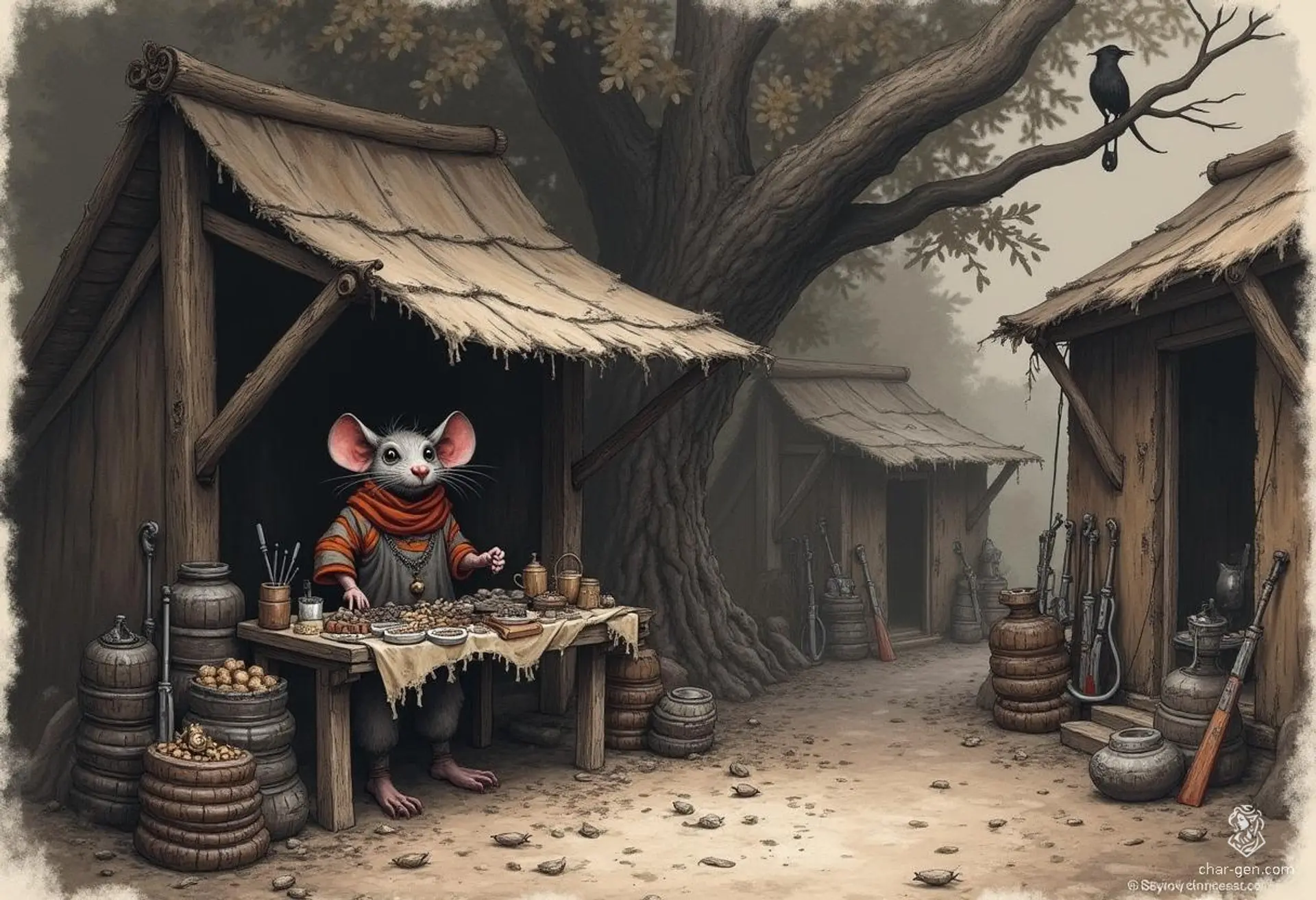 Ratscar, the cunning ratfolk shopkeeper, runs a bustling stall at the bandit camp. With a shrewd gleam in his rat-like eyes and twitching whiskers, he expertly barters various rare goods, providing both value and mischief to his unscrupulous clientele.