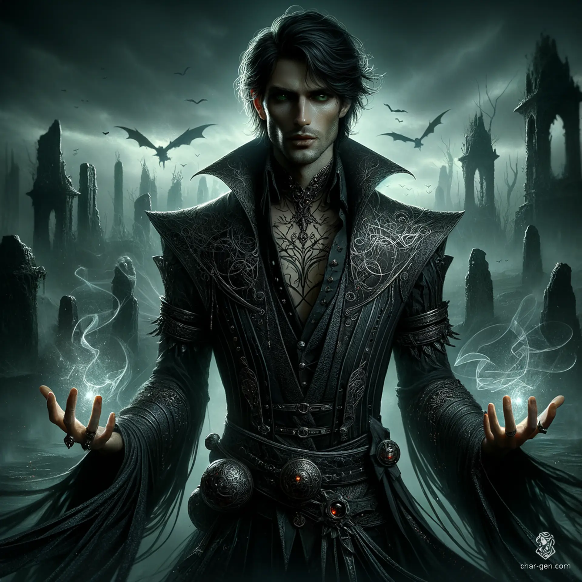 Alaric, a charming 16-year-old human sorcerer, wears enchanted black robes adorned with arcane sigils. His medium build and resilient nature complement a mesmerizing aura of magic that surrounds him, making him a captivating presence despite his lack of physical strength.