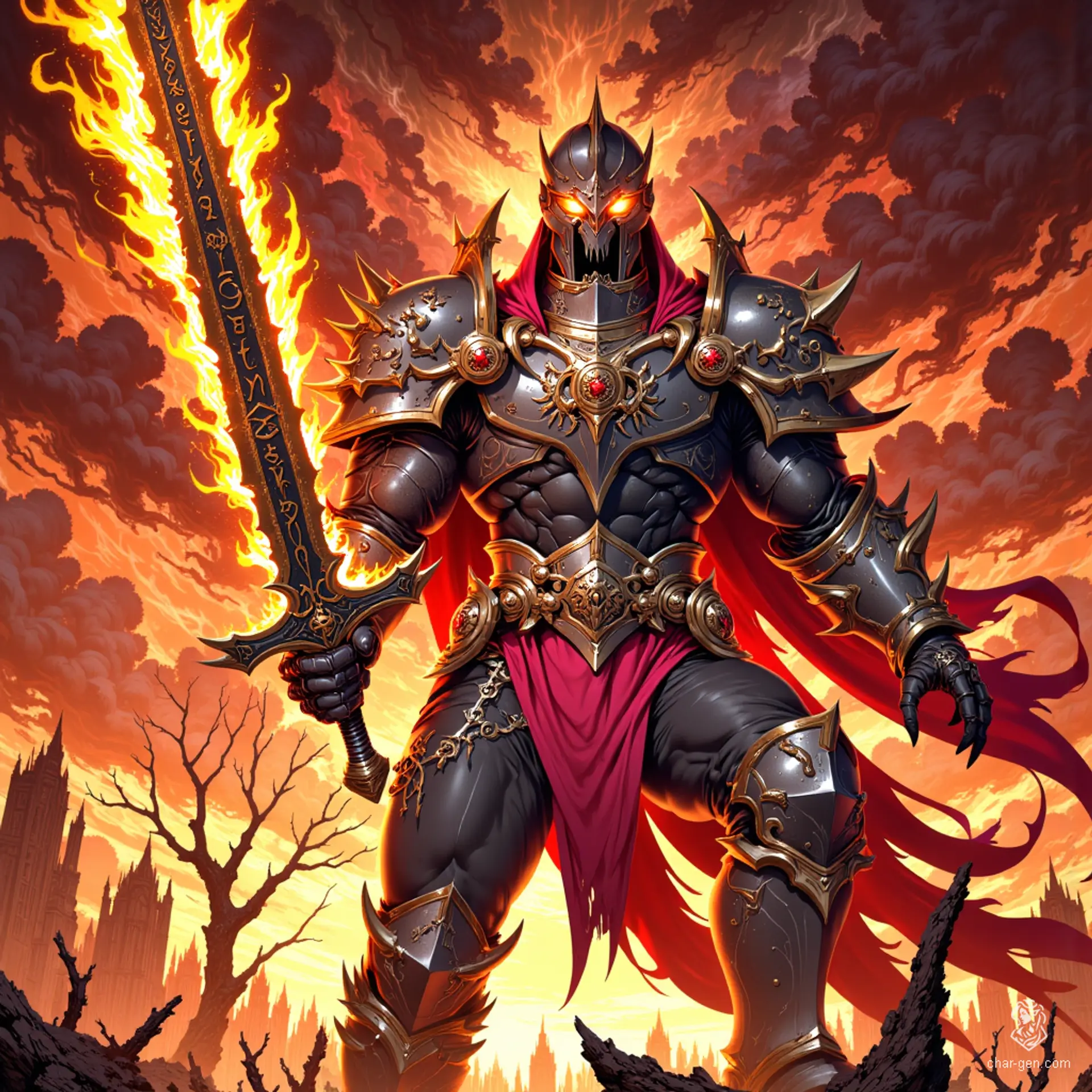 Emerging from a nightmarish landscape, this towering warrior dons jagged, dark armor adorned with menacing spikes and glowing runes. Wielding a greatsword wreathed in black flames, their piercing eyes shine through a fearsome helmet, heralding chaos amid swirling storms and decaying ruins.