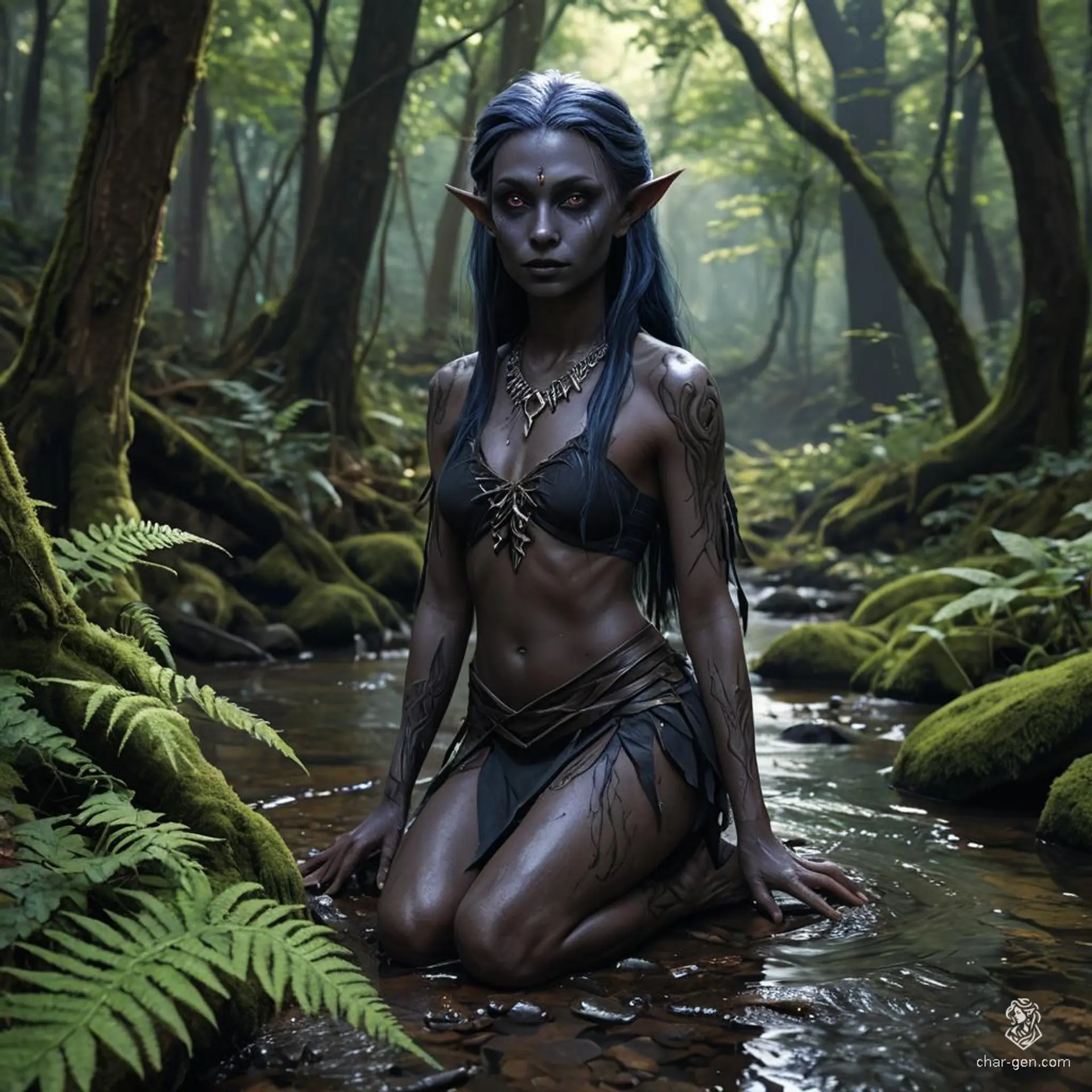 A wild and rugged female dark elf (drow) warrior with contrasting tan and grayish-black skin, long jet-black hair, and striking purple eyes. She possesses a toned physique and embodies the fierce spirit of a barbarian.