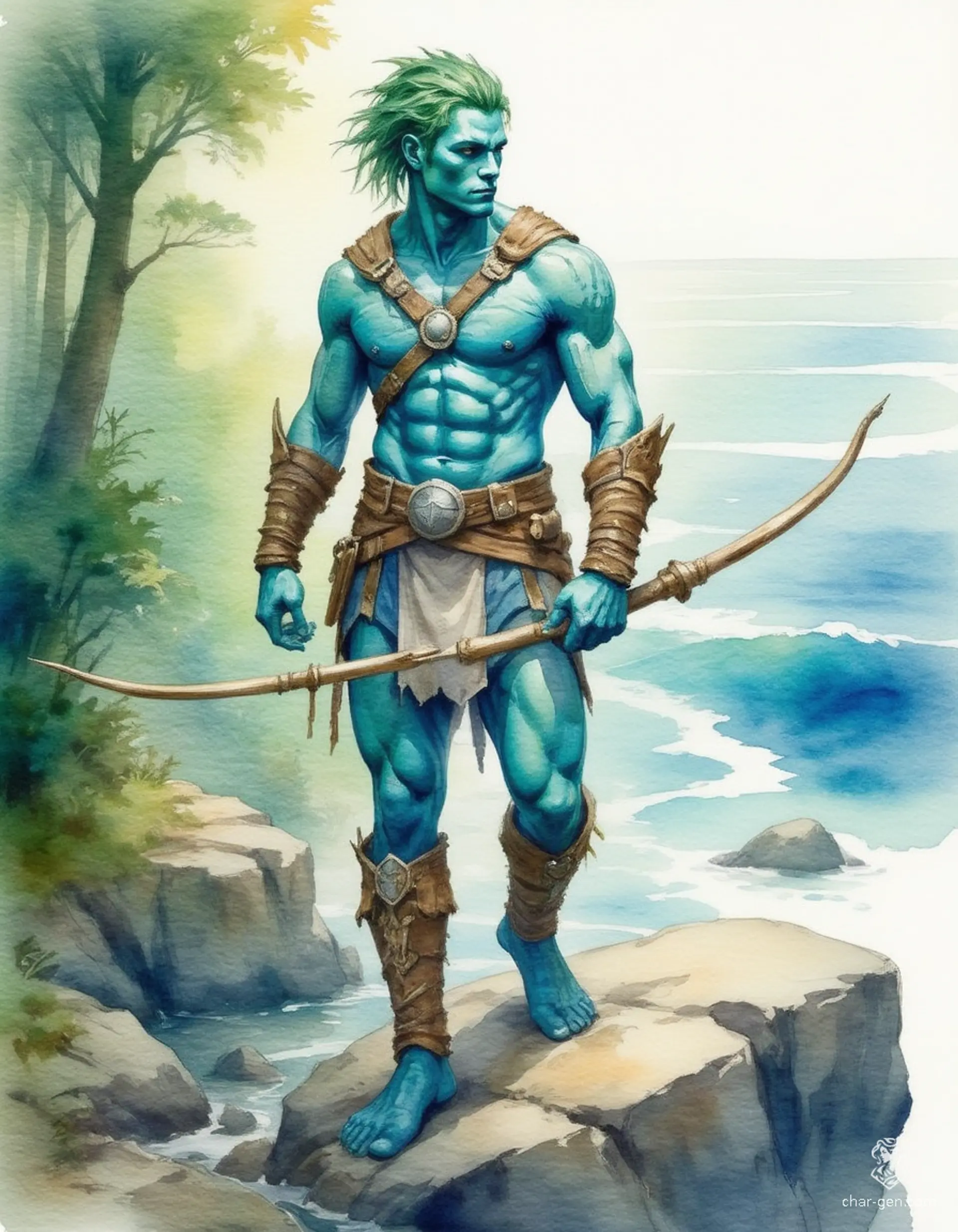 Kaelen Reefstrider, a male triton ranger, stands at the forest's edge, his vivid sea-blue skin shimmering in the dappled light. With kelp-green hair adorned with shells and a bow of driftwood, he merges the essence of both land and sea, embodying nature's guardian.