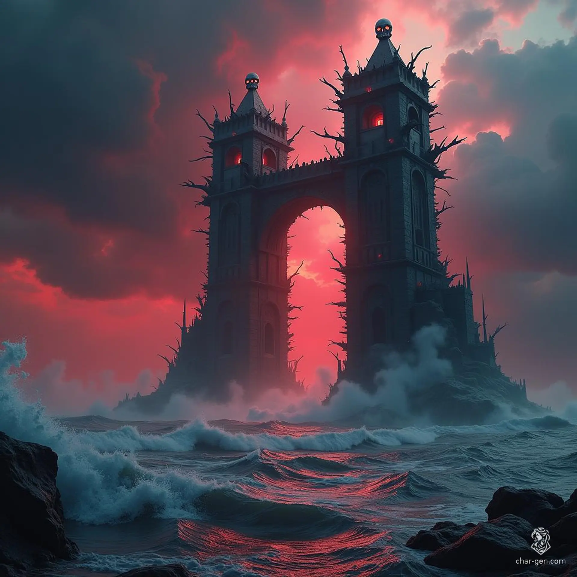 Rising ominously from a tempestuous crimson sea, two towering spires twist into the stormy sky, linked by precarious bridges. Their chaotic architecture is a maze of haphazard structures and eerie embellishments, crowned by menacing skulls that gaze down upon the churning waves below.