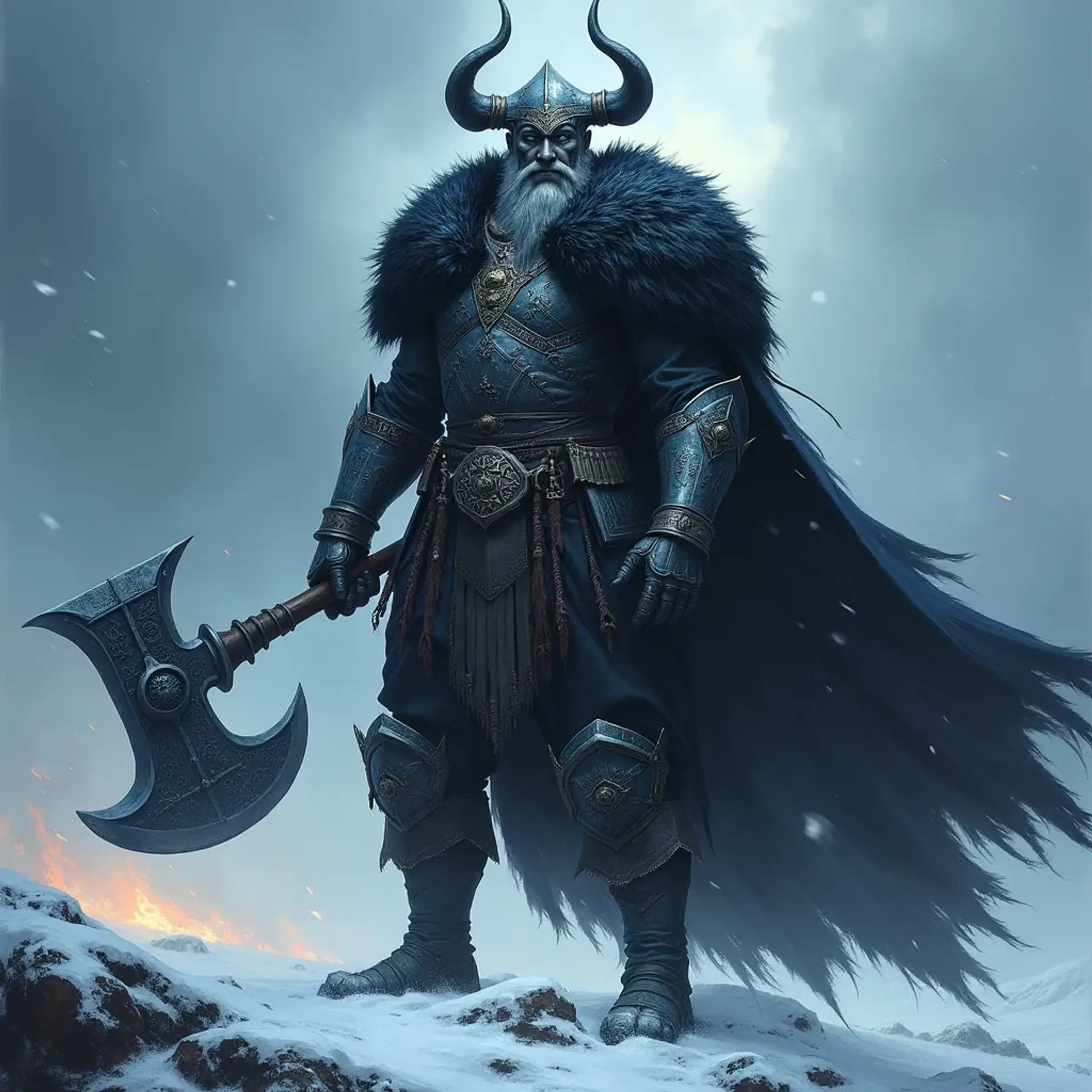 Wallenquist, a formidable Nordic warlord, looms over a frozen battlefield, cloaked in black fur and adorned with rune-etched steel armor. His piercing ice-blue eyes and scarred visage hint at countless battles, as he wields a massive two-handed axe amidst howling blizzard winds, illuminated by flickering torches in the storm.