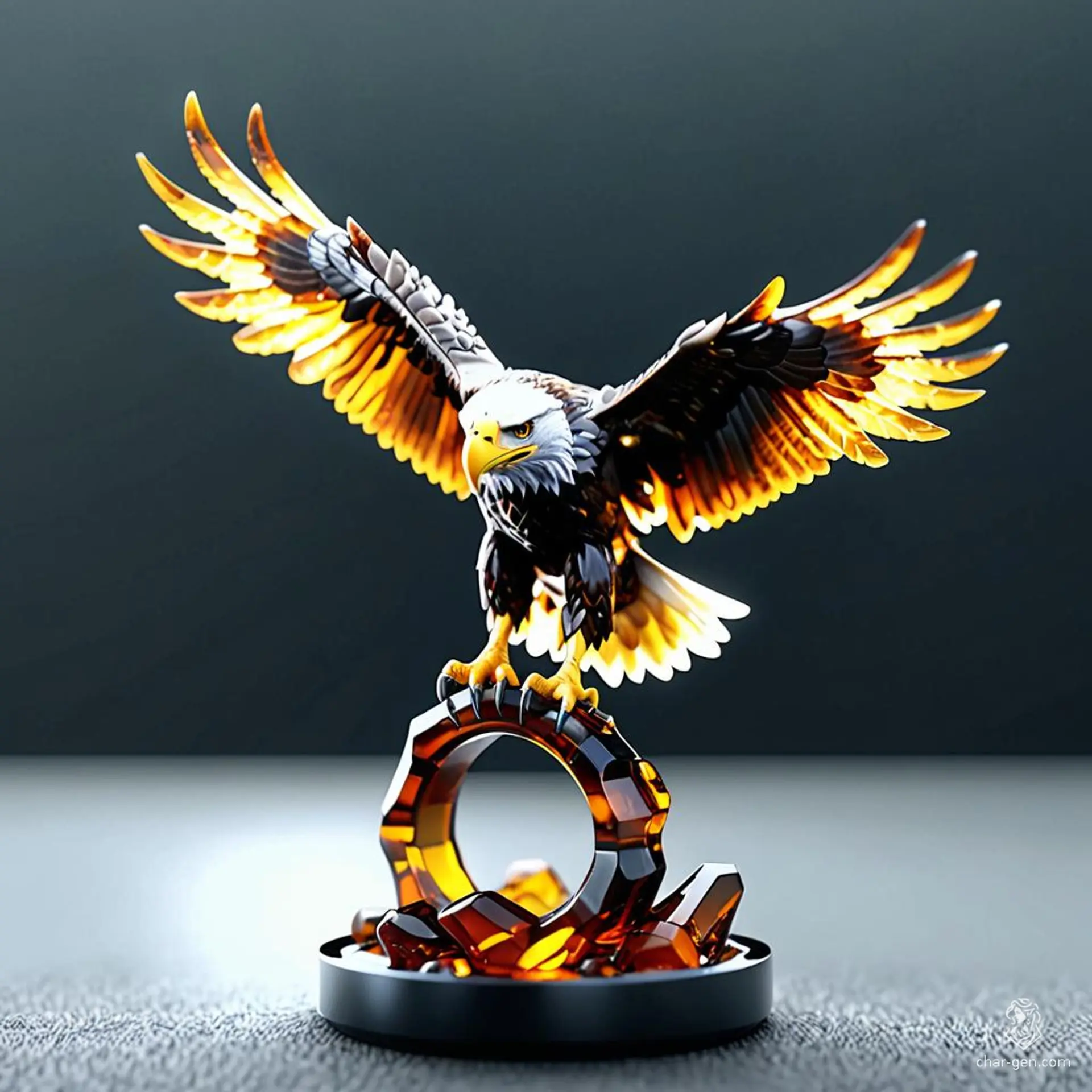 The Amber Eagle is a mesmerizing figurine, crafted from pure amber and intricately shaped to depict an eagle in mid-flight. It radiates a warm, golden glow, imbuing any space with an air of strength and protection. Legends say it grants the bearer clarity of vision, both in mind and spirit, allowing them to soar above challenges and see the truth hidden in shadows.