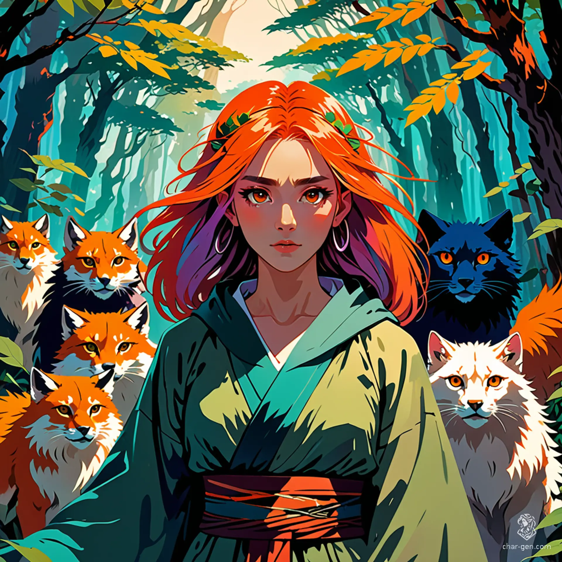 A serene female Druid embodies the essence of nature, adorned in flowing robes of earthy greens and browns. With her long, wild hair entwined with leaves and flowers, she commands a circle of loyal animal companions. Her gentle gaze reflects wisdom and harmony with the wild, reminiscent of the enchanting art style in "Breath of Fire."