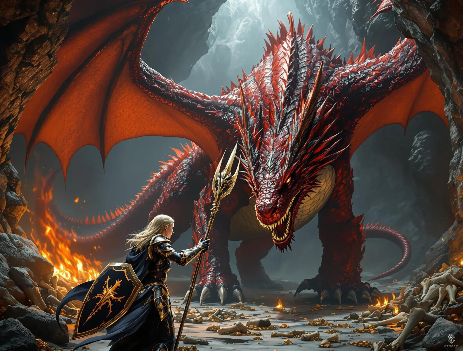 An elven knight with golden hair and delicate features stands resolute in ornate steel and gold plate armor. Her enchanted three-pointed shield blocks a blazing red dragon’s fiery breath, while her lance, adorned with a dragon’s head, strikes fiercely against the enormous, copper-scaled beast.