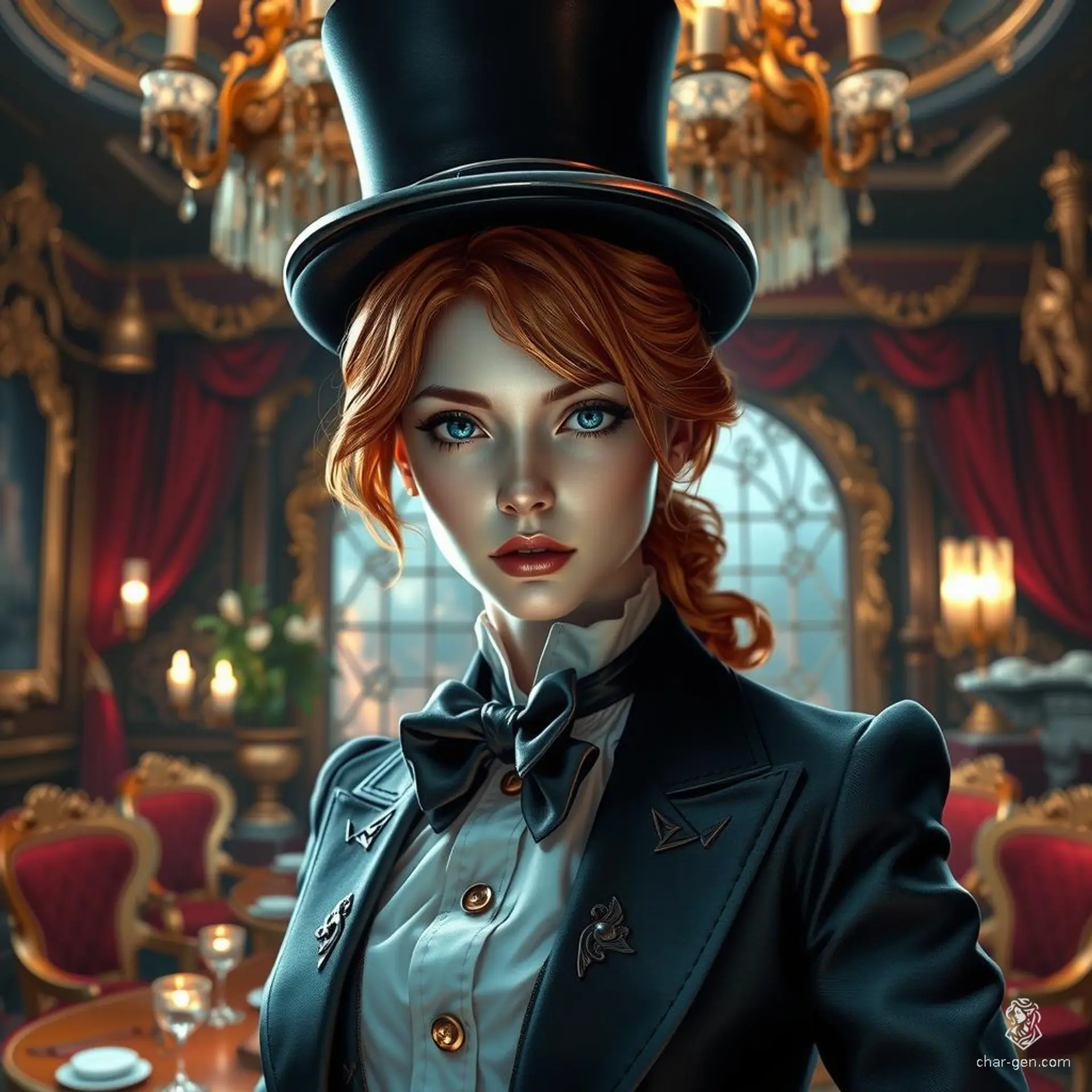 In a mesmerizing fantasy realm, a 22-year-old female with copper hair dons a sleek tuxedo and top hat. She stands amidst an enchanting forest, bathed in golden twilight, where luminescent flora and shimmering streams create a backdrop of ethereal beauty.