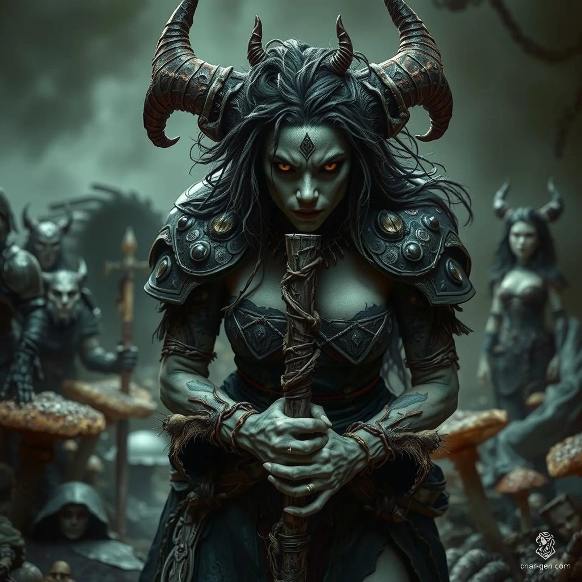 Lilith Valmoira, a wise and intelligent tiefling druid, possesses green skin, horns, and a long tail. Abandoned at birth, she found solace in nature, wielding a nature staff adorned with twigs and wearing detailed hides. She connects deeply with earthy elements and animal companions, embracing her role in the misty forests of Barovia.