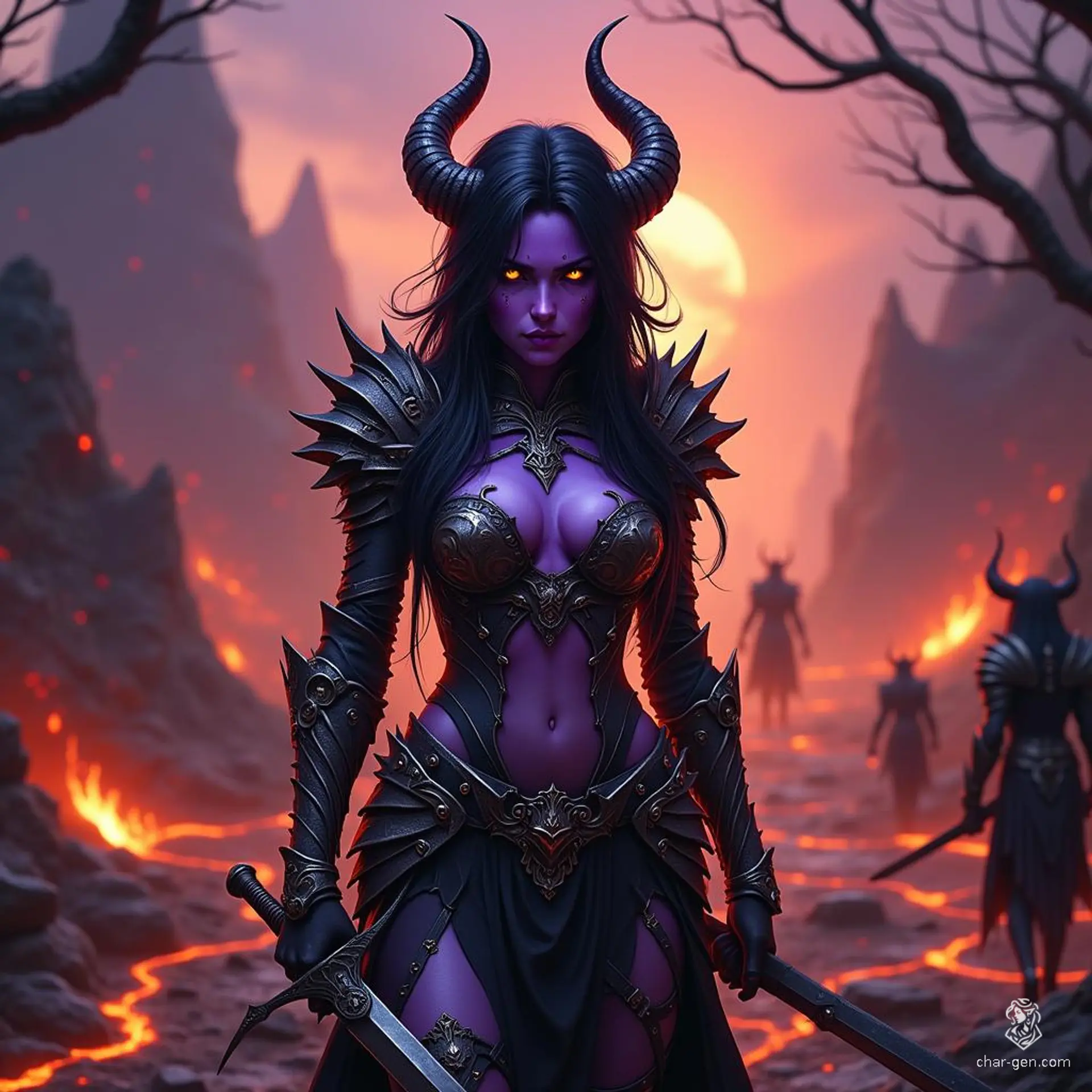 Criella The Fallen, a cunning half-human tiefling warlock, stands at 6 feet tall with striking purple skin and jet-black hair. Dagger in hand, she radiates arcane power, charming yet chaotic. A product of a harsh mentor, she fiercely values her independence but won’t hesitate to flee when danger looms.