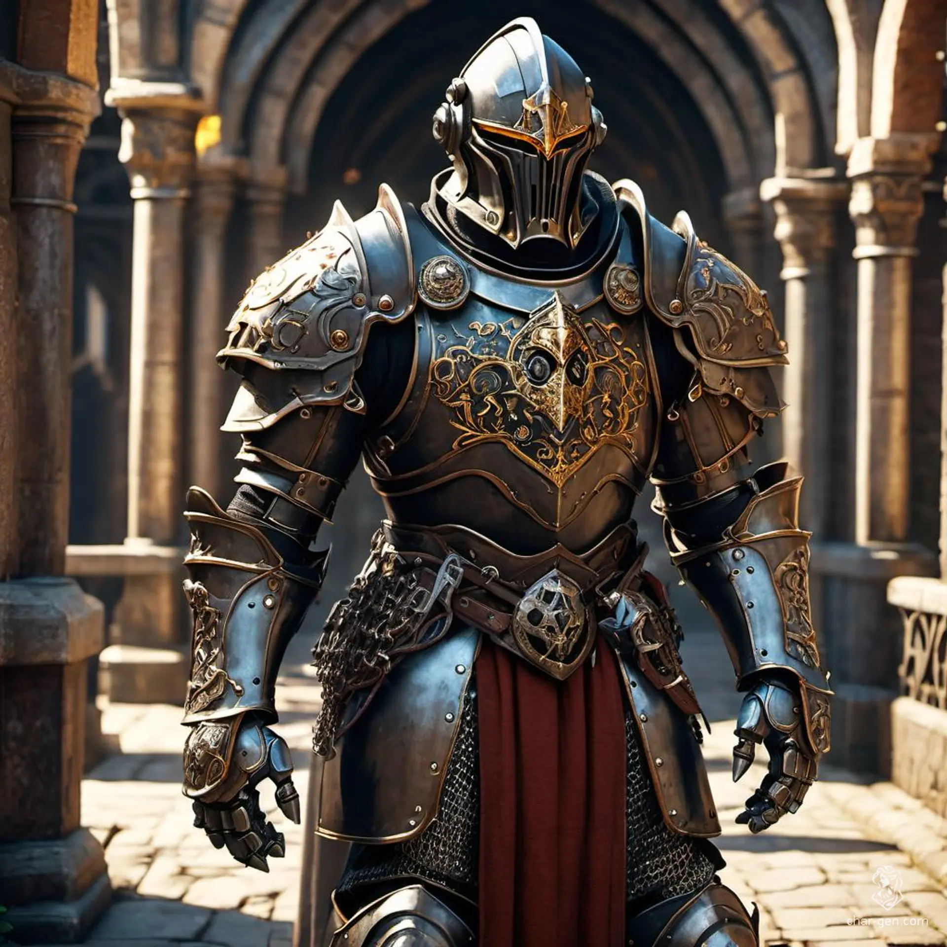 A dark-skinned Warforged Paladin with a dignified aura and no face stands vigil in full metal templar armor. Made of wood and metal, this medieval fantasy robot combines gears, pulleys, and magic, guarding gates or patrolling streets with unwavering vigilance and a protective stance.