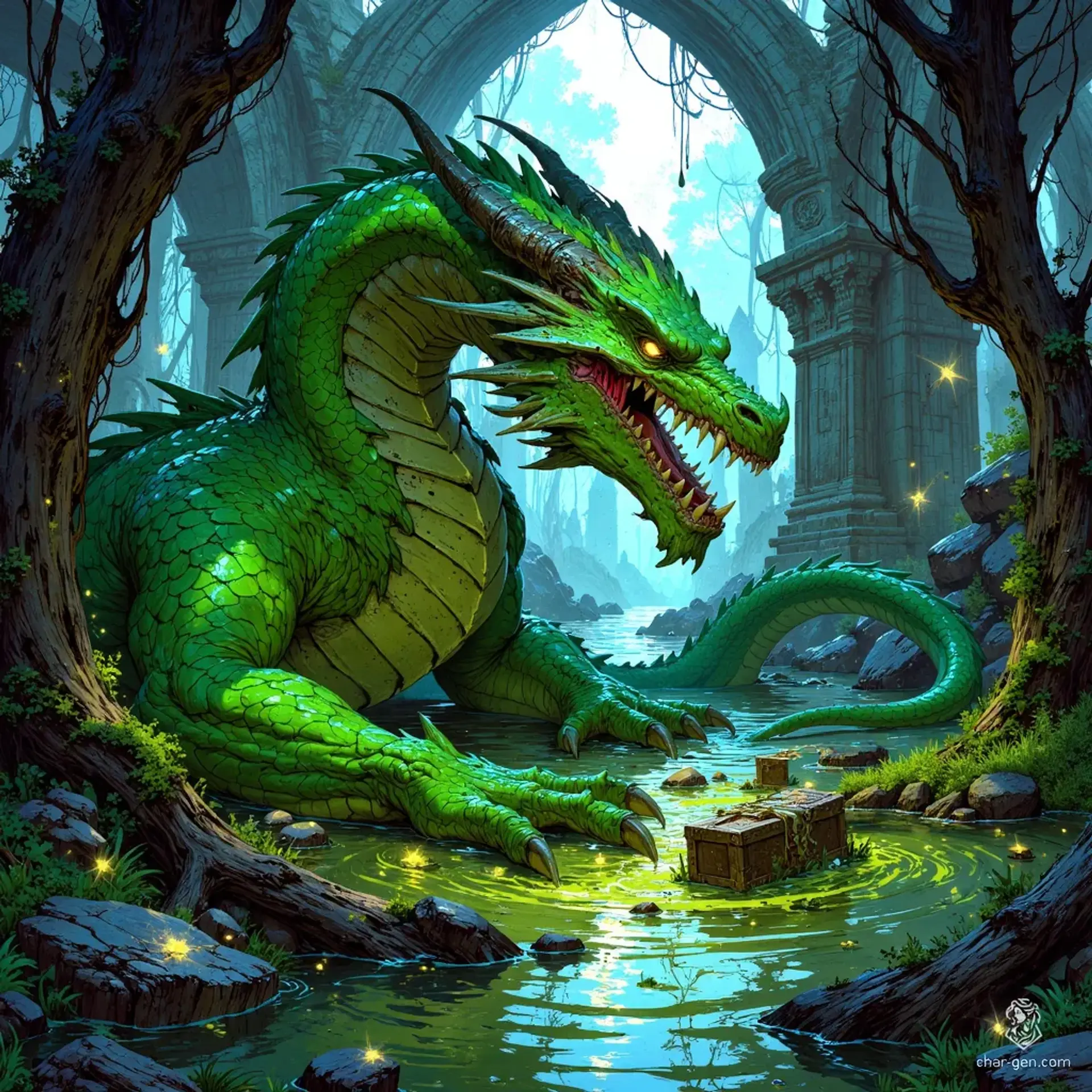 In a shadowy swamp, a massive green dragon lies coiled around a treasure hoard, its emerald scales shimmering amid the murky waters. With piercing yellow eyes and an air of menace, it reigns over the misty lair, where bioluminescent fungi illuminate ancient, vine-entwined ruins, warning intruders of hidden perils.