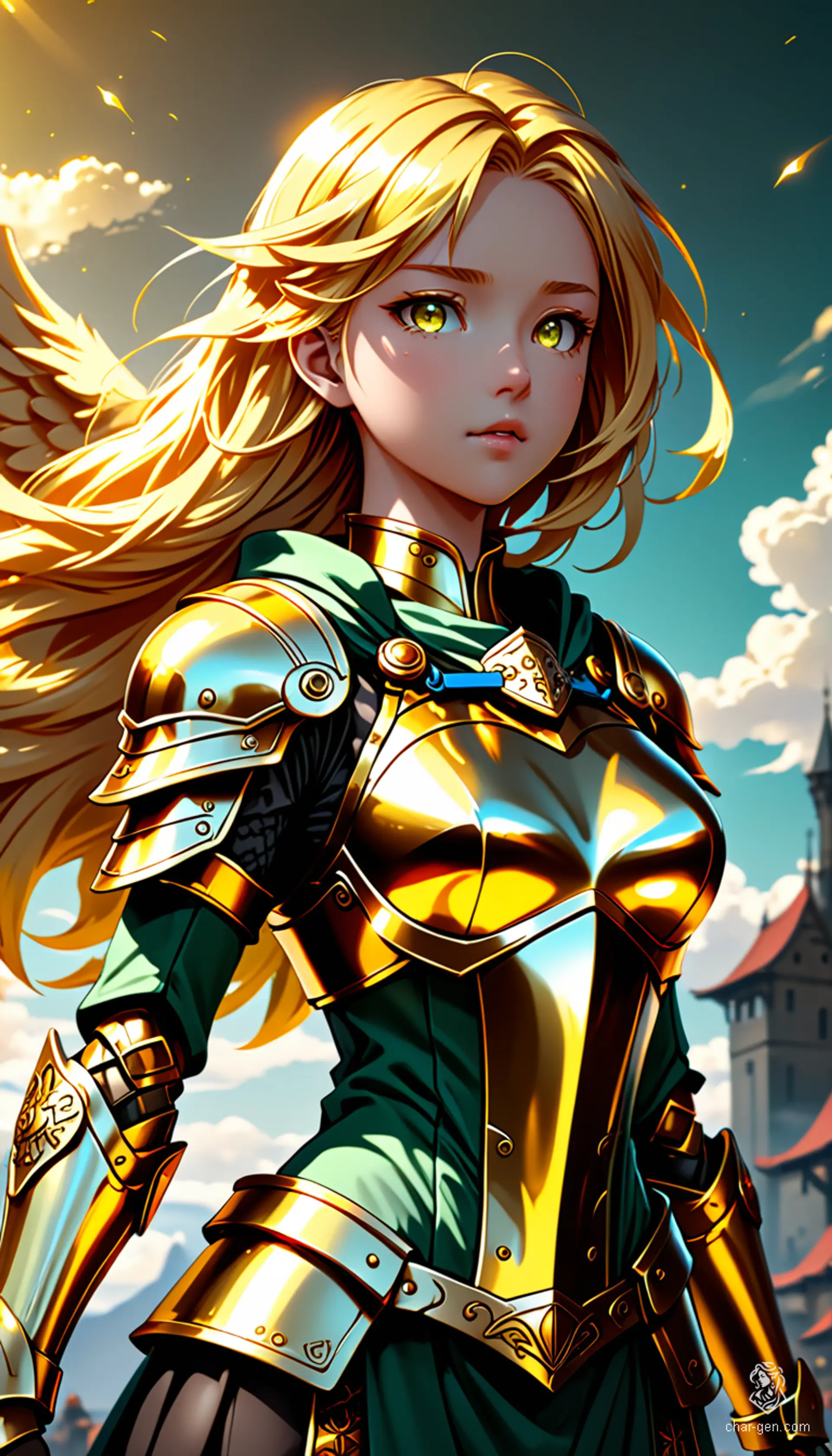 Sigarda is a stunning female angel, adorned in intricate green and gold armor. Her radiant golden hair and glowing gold eyes add to her ethereal beauty. Floating gracefully in a dynamic pose against a vibrant sky, she embodies both strength and serenity, captured in breathtaking UHD detail.