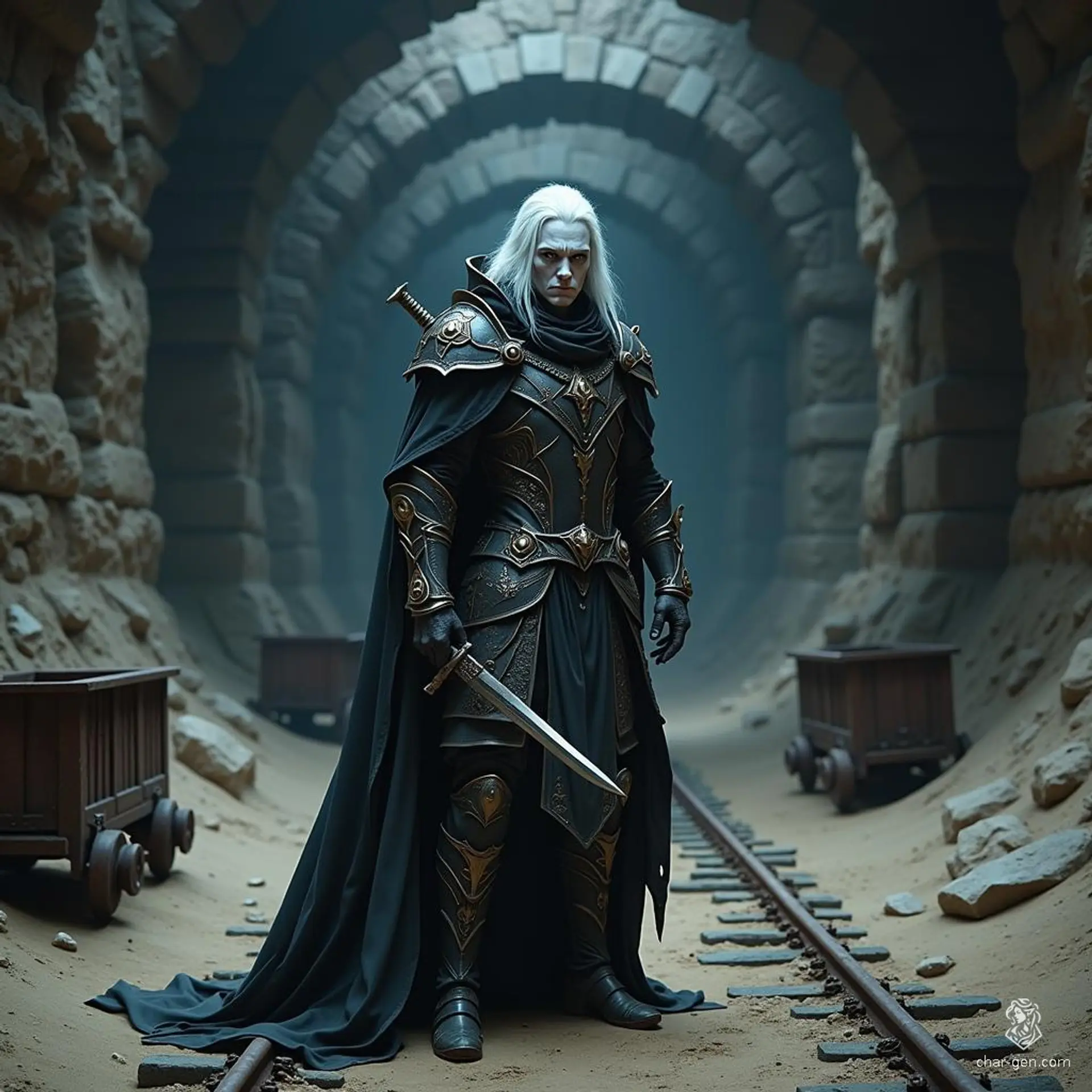 A 235-year-old male shadar-kai rogue, this shadow-kissed sorcerer weaves through darkness with a dagger in hand. Clad in intricate leather armor, he bears raven hair and obsidian eyes, haunted by his past as a general of a dark army, now yearning for redemption.