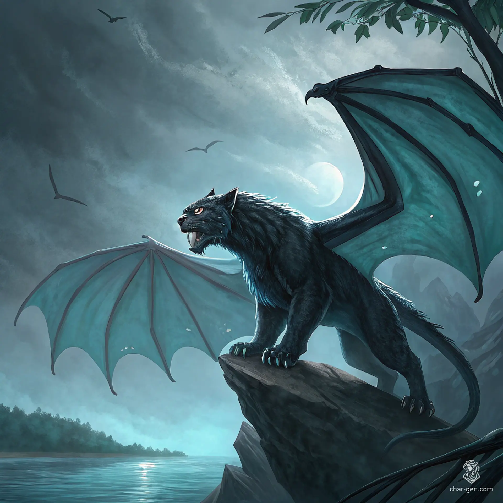 The displacer beast dragon hybrid prowls the edge of an Underdark lake, its form a fusion of black dragon majesty and displacer beast menace. Tentacles emit a spectral blue light beneath its wings, while panther-like features emerge from its dragon-scaled body. Acid drips lethally from its claws amidst the cavern's shadowy mist.