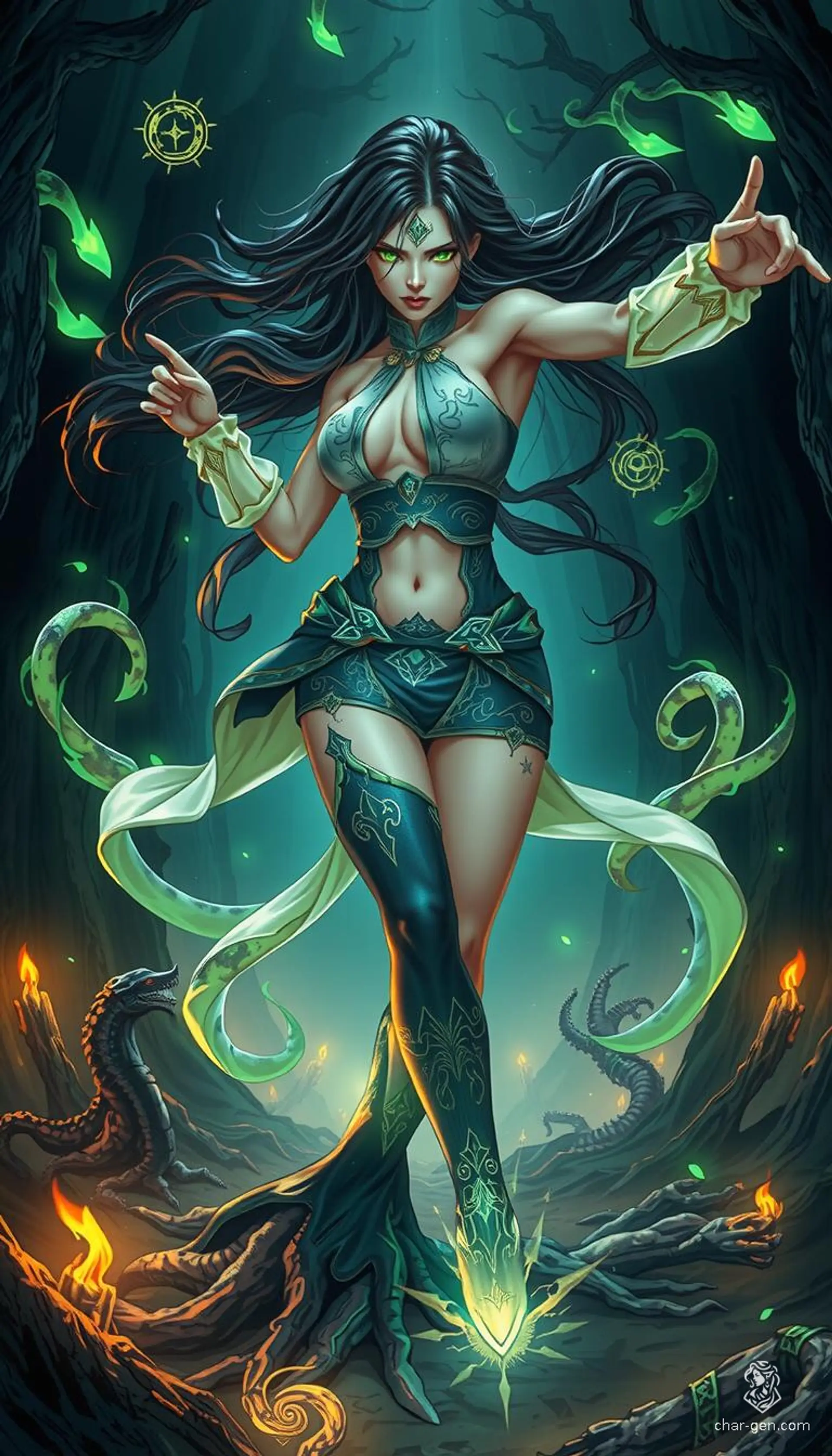 A mesmerizing Slavic Veles priestess commands swirling glowing serpents and enchanted roots in a dark, magical forest. Clad in a form-fitting robe with shimmering Slavic patterns, her athletic figure, wild dark hair, and intense green eyes radiate mystical energy. Dynamic 4K anime-style illustration captures her powerful, mid-action pose and the enchanting forest’s rich colors and vibrant magic.