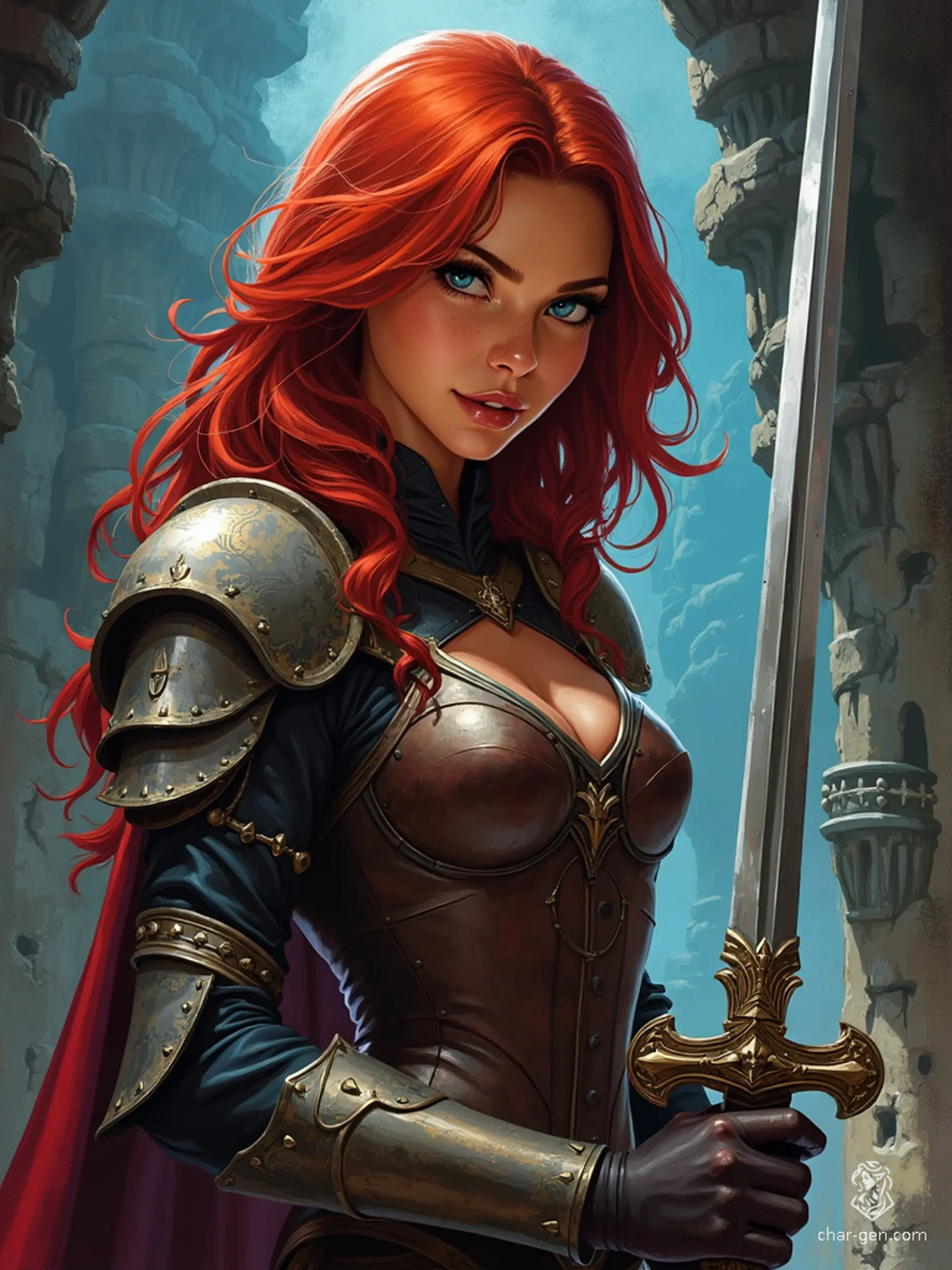 Sarah Jessica White is a charismatic and intelligent Waterdhavian Noble Bard wielding a rapier and a magical instrument, usually a lute or flute. At 44, with bold cherry red hair, blue eyes, and intricately detailed leather armor, she navigates noble circles with great charm but harbors a scandalous secret. Despite her heroic reputation, she believes everyone is beneath her and wrestles with quick temper and indulgent desires.