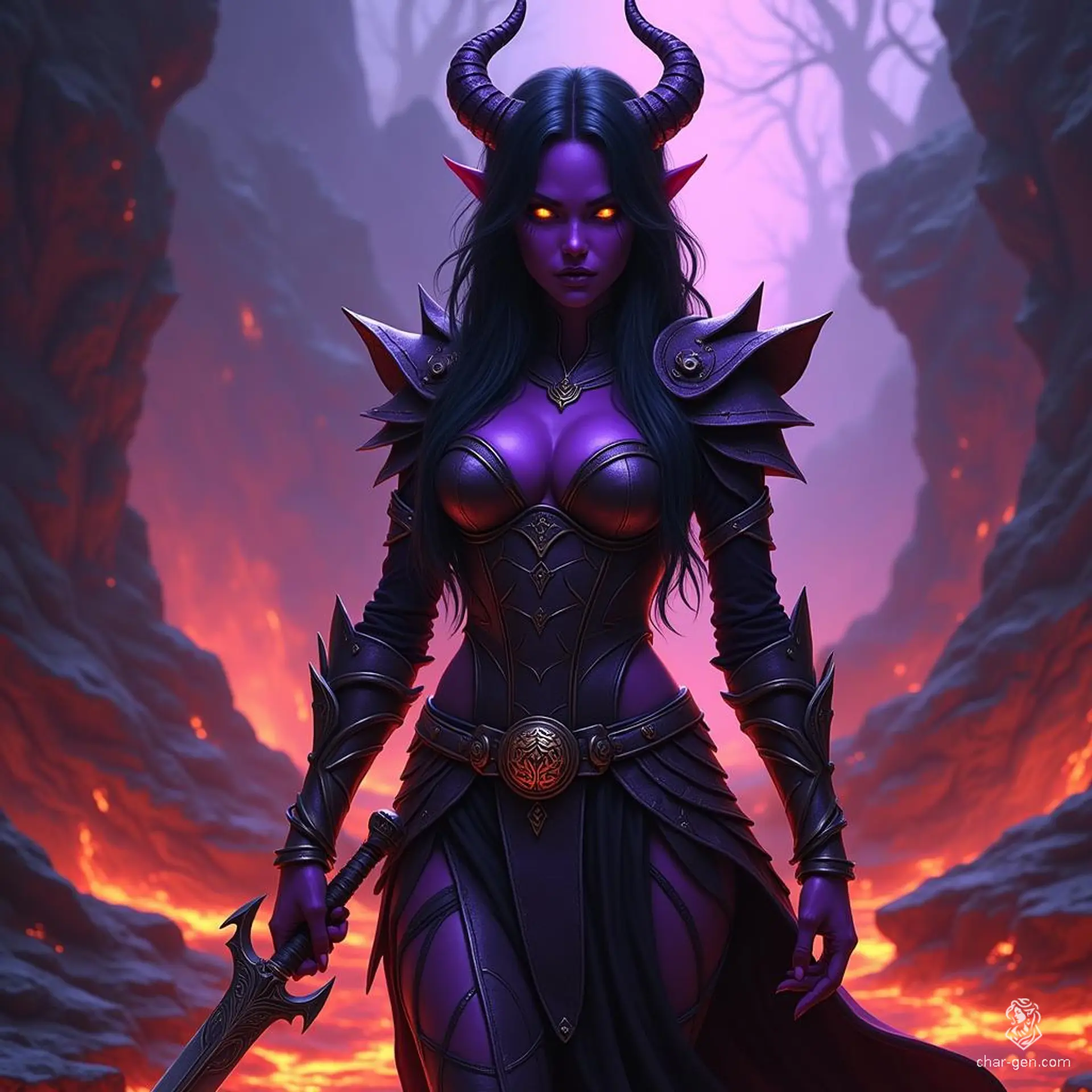 Criella The Fallen is a 32-year-old tiefling warlock with striking purple skin and yellow eyes. Standing at 6 feet tall, she possesses devil-like features, including horns and a long tail. Charismatic and cunning, she wields a dagger and wears intricately detailed leather armor, embodying independence and chaotic charm, while harboring a complex past with her mentor.