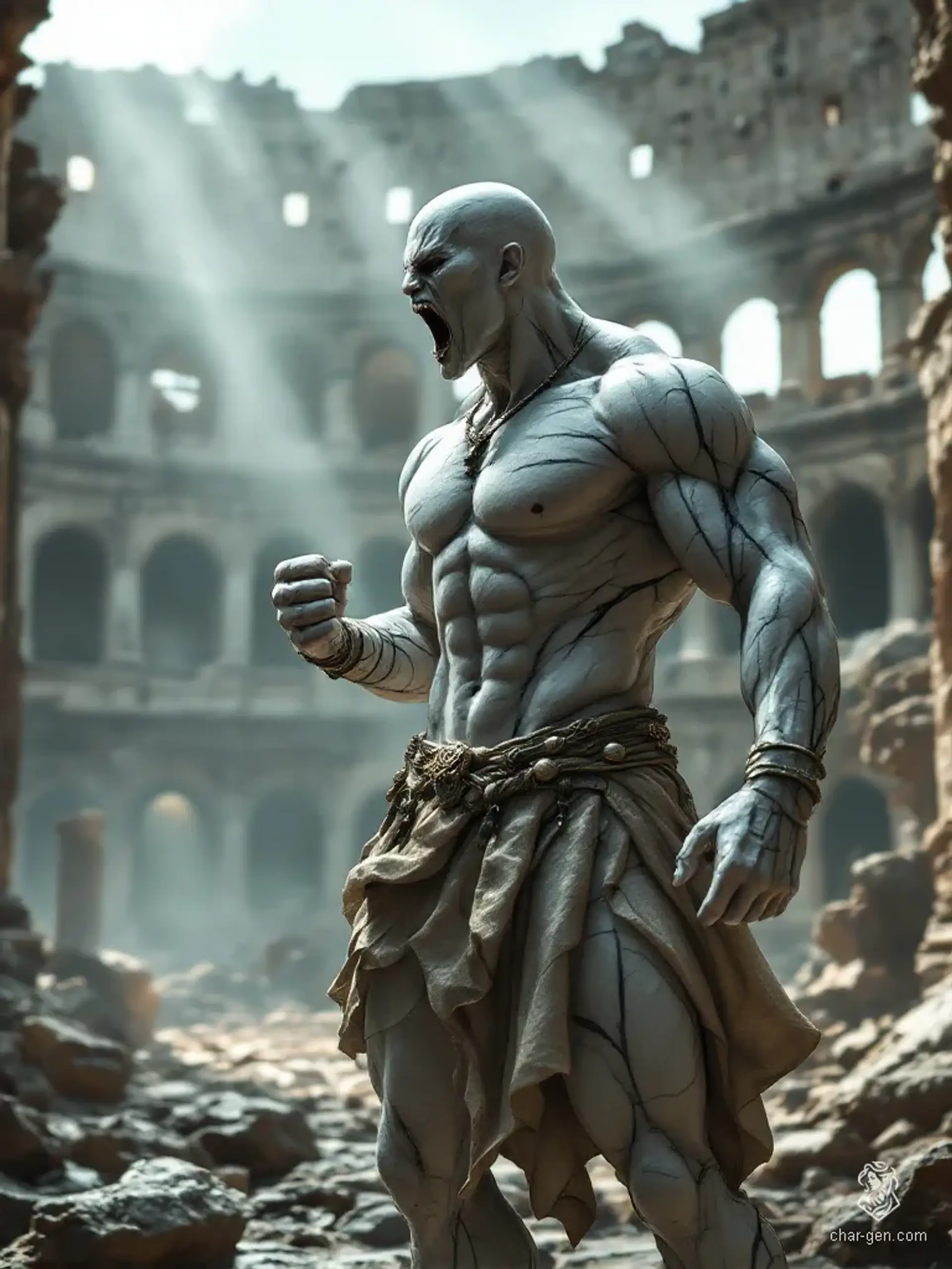A living marble statue, this mid-30s muscular barbarian embodies raw power. With a flawless, hairless physique of white marble and onyx seams, he flexes in an aggressive stance, mouth agape in a primal scream. Radiating strength, he is the epitome of rugged ferocity and timeless beauty.