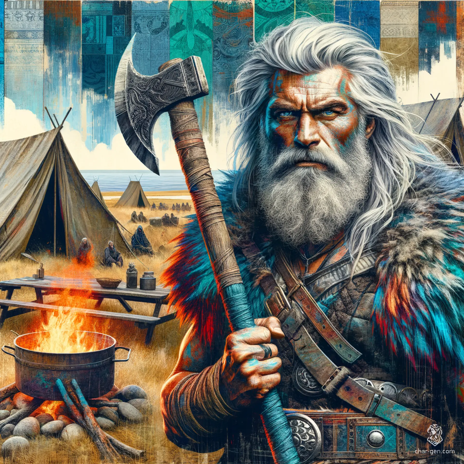 Elderly male human barbarian with a rugged build and haunted eyes, this 5'10", 165-pound warrior wields a greataxe with unforgiving strength. With pale gray skin and bright white hair, he hunts monsters to shield the innocent and confront his tragic past, driven by a betrayal that cost him his son.
