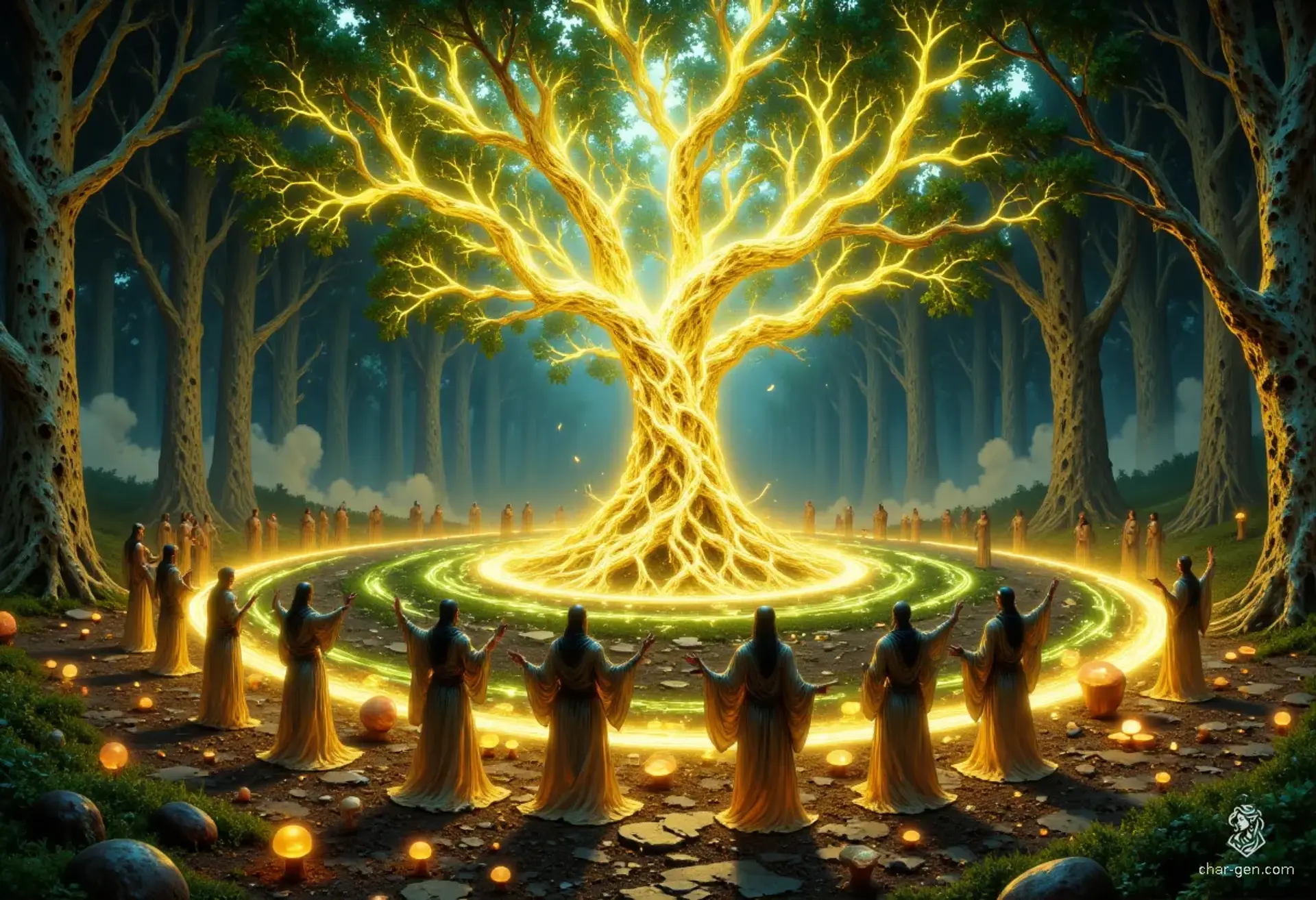 In a serene grove, luminous birch trees with radiant white bark tower overhead, their leaves whispering ancient secrets. An enchanted clearing, carpeted with vibrant moss and delicate mushrooms, forms a fairy ring that pulses with ethereal energy, inviting harmony between nature and the spirit within.