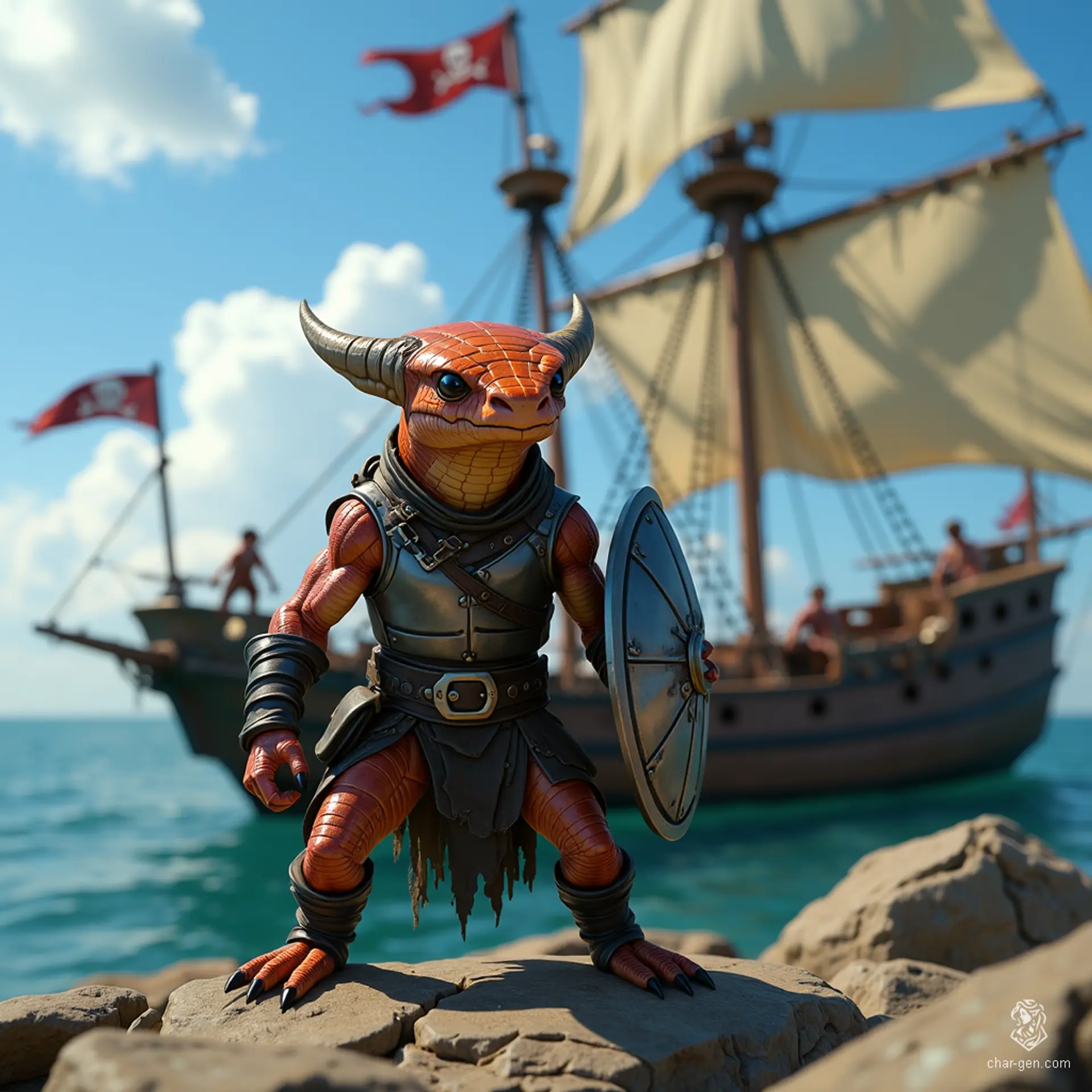 Luna is a muscular half-kobold, half-goloma fighter, donning a shiny steel breastplate and raising a formidable shield. With eight spider-like eyes and copper scales that gleam, this fluid-gendered warrior stands ready to defend against threats, embodying confidence and cunning in every move.
