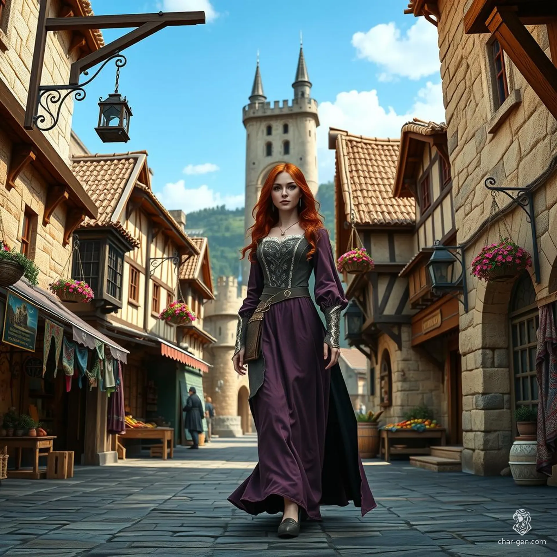 In a vibrant medieval town, cobblestone streets meander through timbered houses, their ivy-clad facades bathed in golden sunlight. A young woman with flowing copper hair, clad in an exquisite purple dress, gracefully strolls, her presence a captivating blend of elegance and timeless beauty.