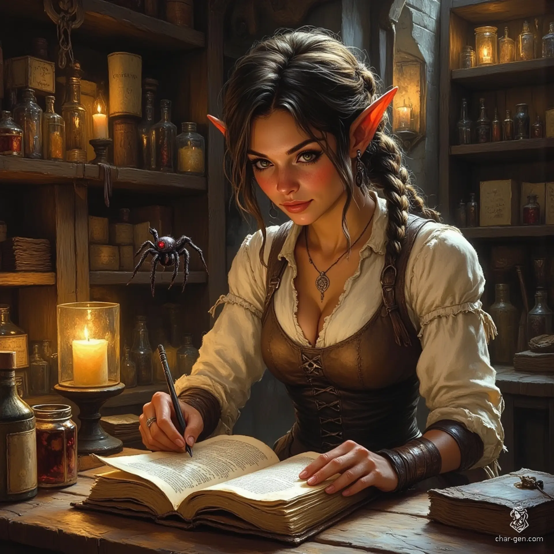 Maryam is a wise and playful elven forensic medicine investigator, with tanned skin and soft wrinkles accentuating her charm. Her tea-colored hair flows in a loose ponytail, framing inquisitive topaz eyes. Clad in practical renaissance-inspired attire, she immerses herself in witchcraft, assisted by her ghostly spider familiar, radiating competence and curiosity in her cozy, mystical alchemical lab.