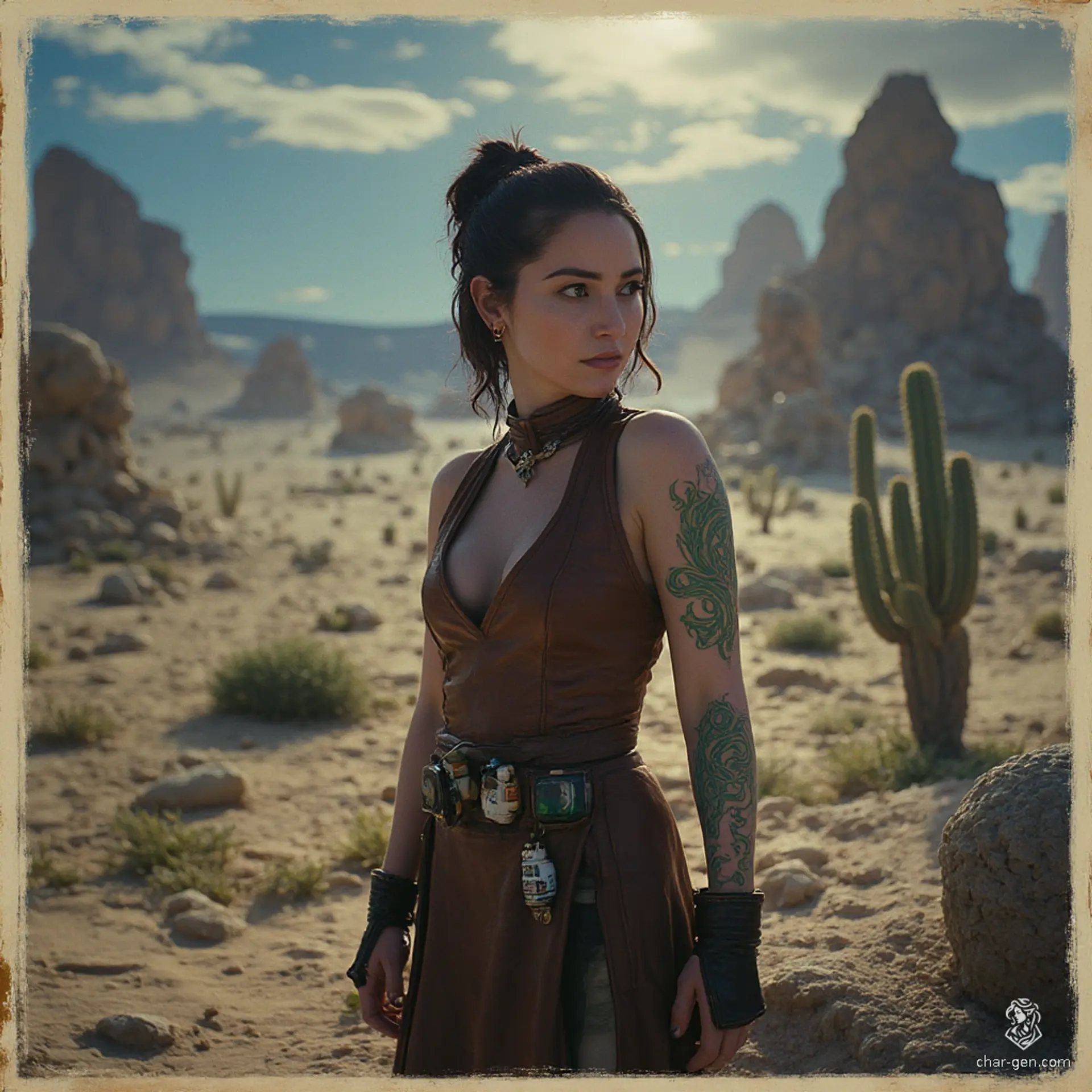 Izzy, a newly emancipated halfling assassin, embodies lethal elegance. Standing at 1.5 meters with bright yellow-green eyes, she dons a snug brown leather tunic, showcasing her green snake-scale tattoos. Agile and stealthy, Izzy expertly wields her crossbow and concealed daggers, prowling the shadows with a seductive, dangerous charm.